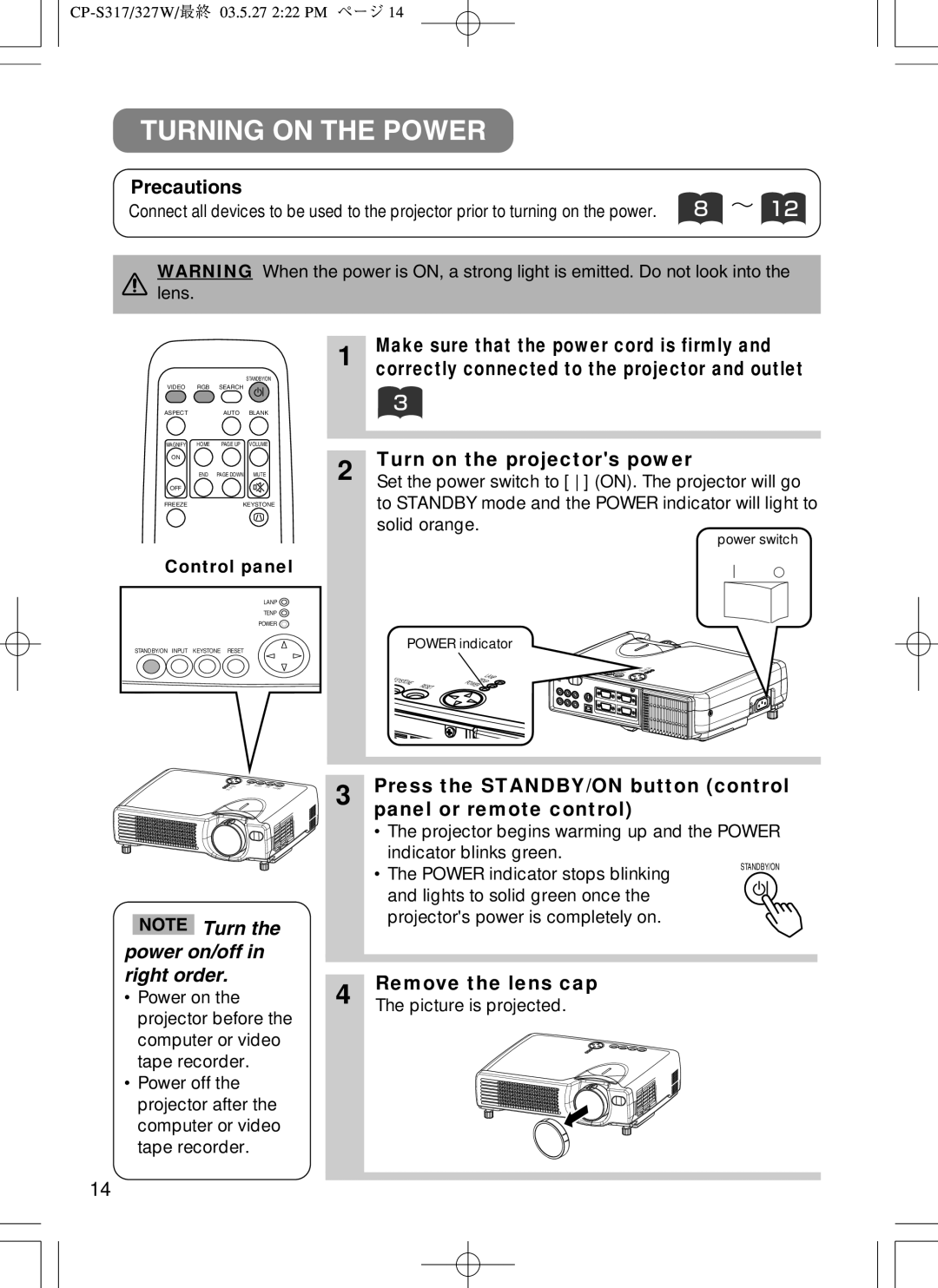 BOXLIGHT CP-322I user manual Turning on the Power 