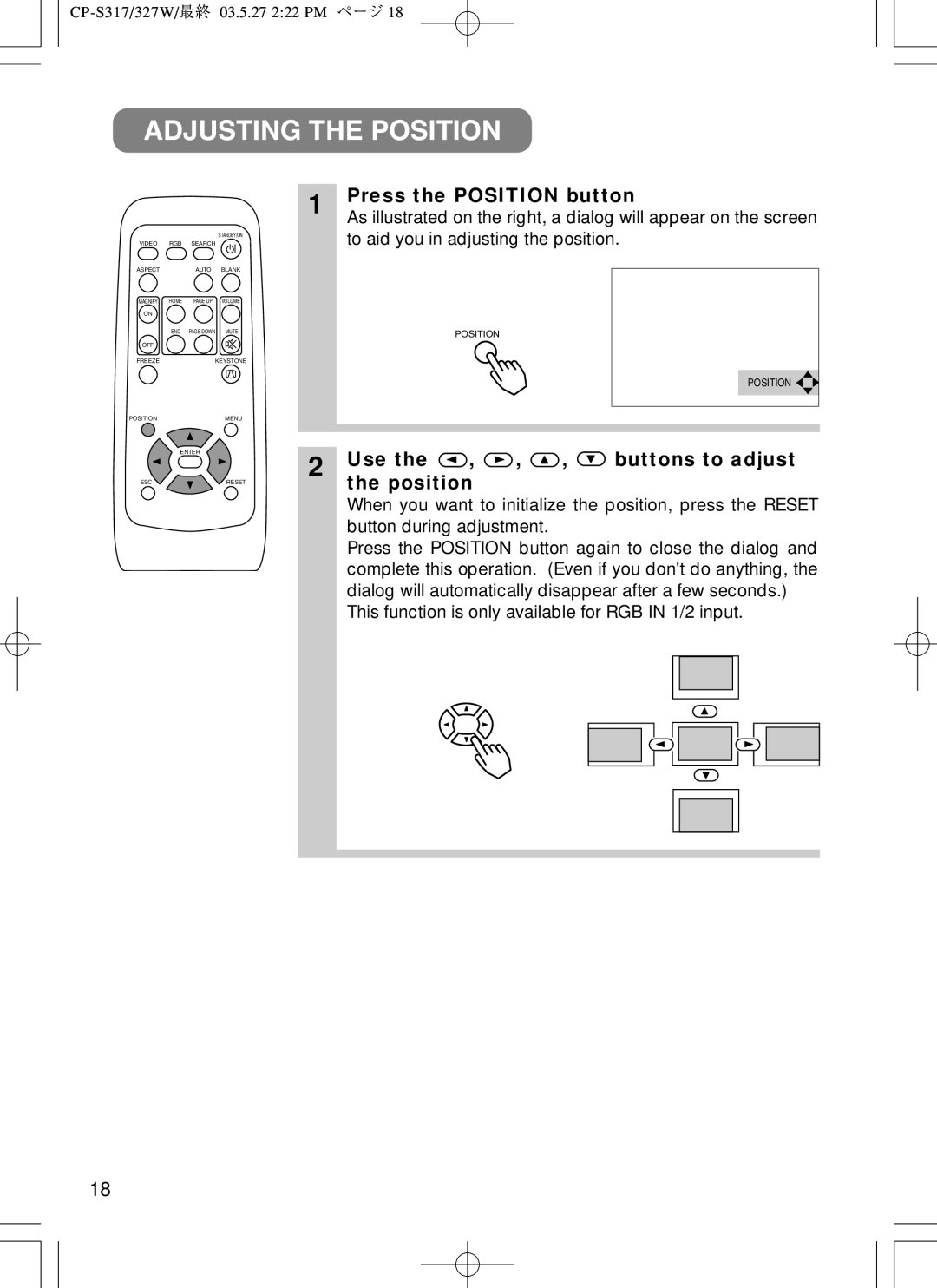 BOXLIGHT CP-322I user manual Adjusting the Position, Press the Position button, Use Buttons to adjust Position 