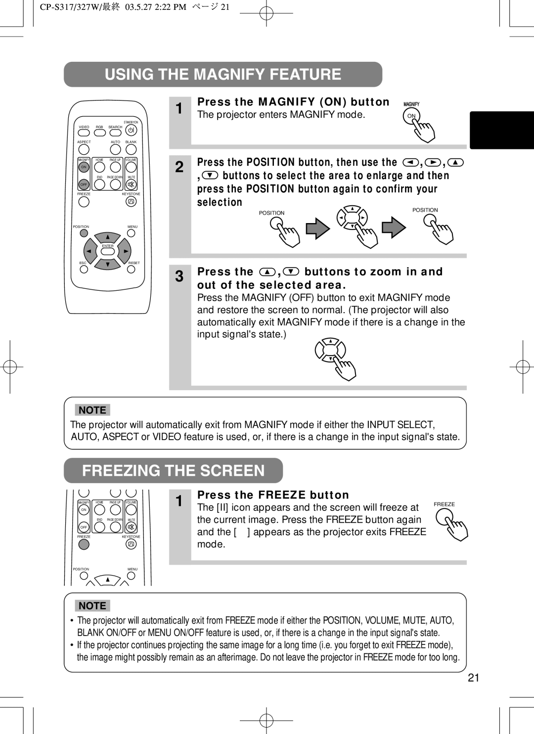 BOXLIGHT CP-322I user manual Using the Magnify Feature, Freezing the Screen 