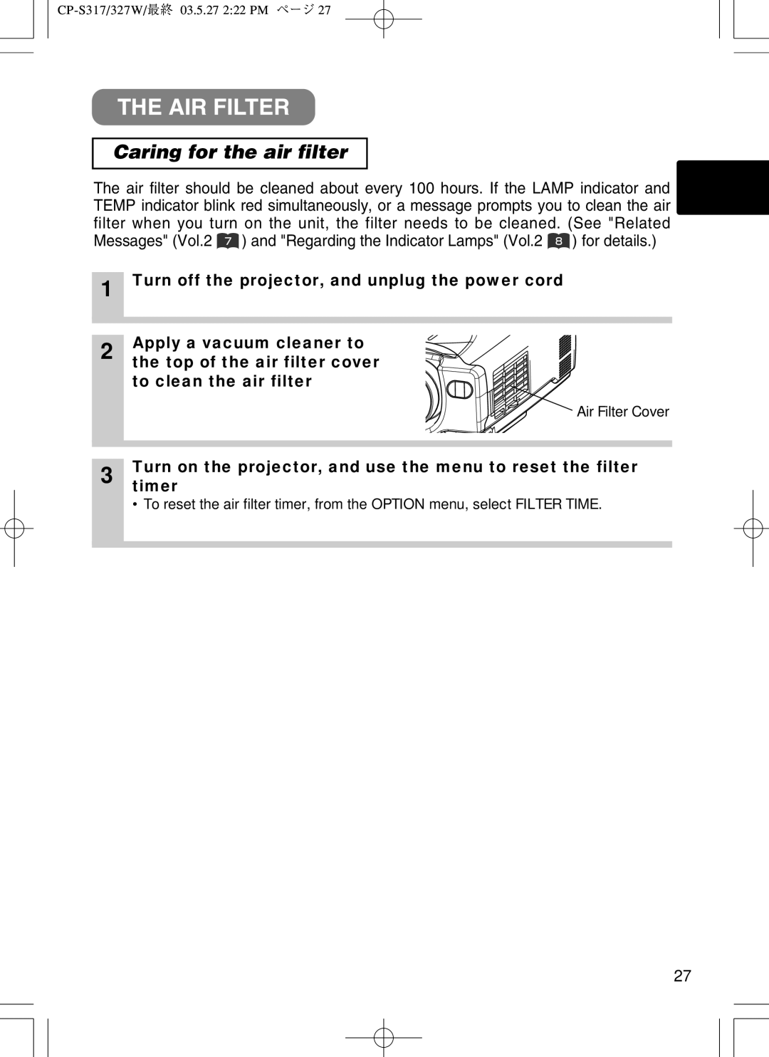 BOXLIGHT CP-322I user manual AIR Filter, Caring for the air filter 