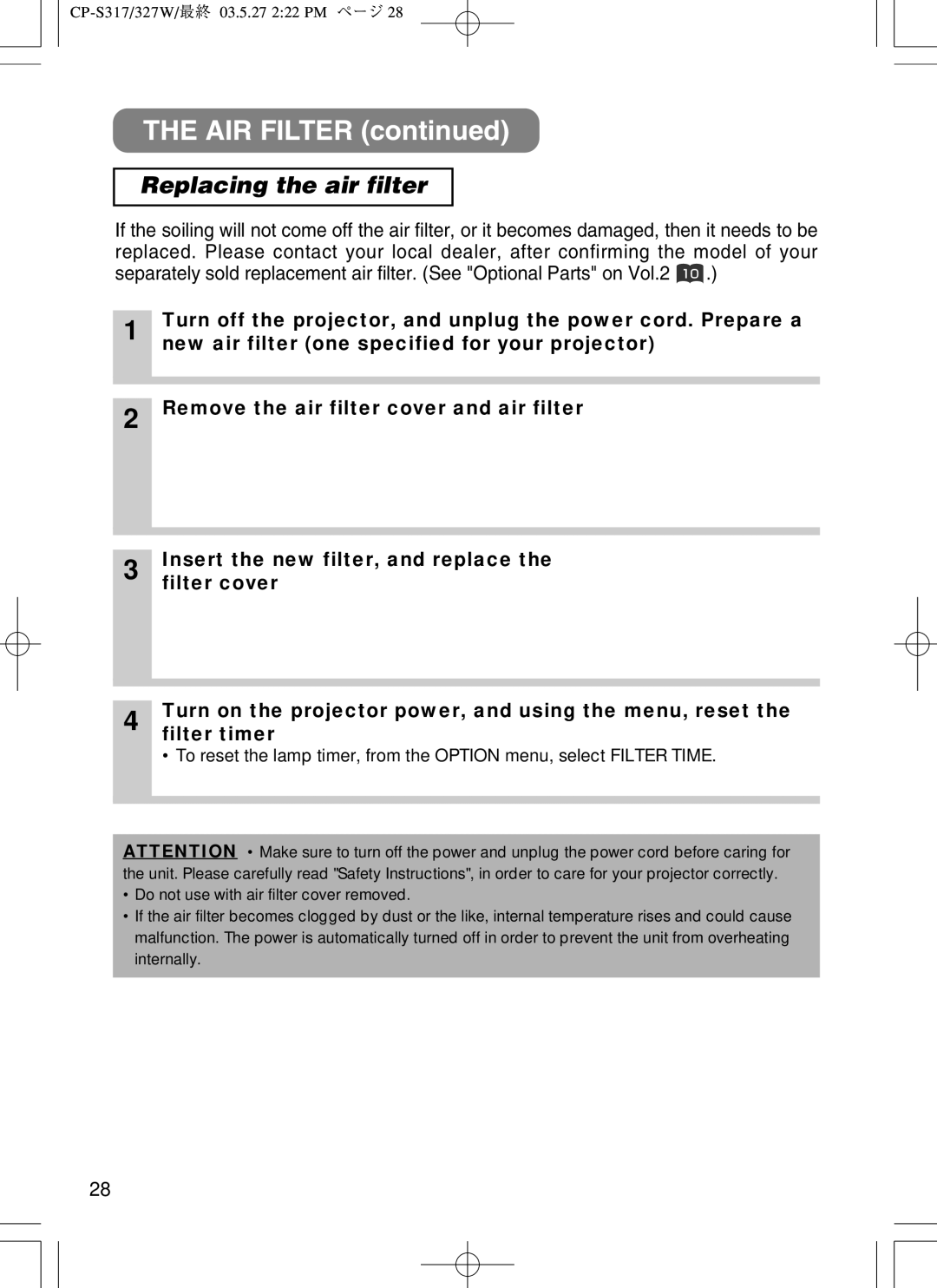 BOXLIGHT CP-322I user manual Replacing the air filter 