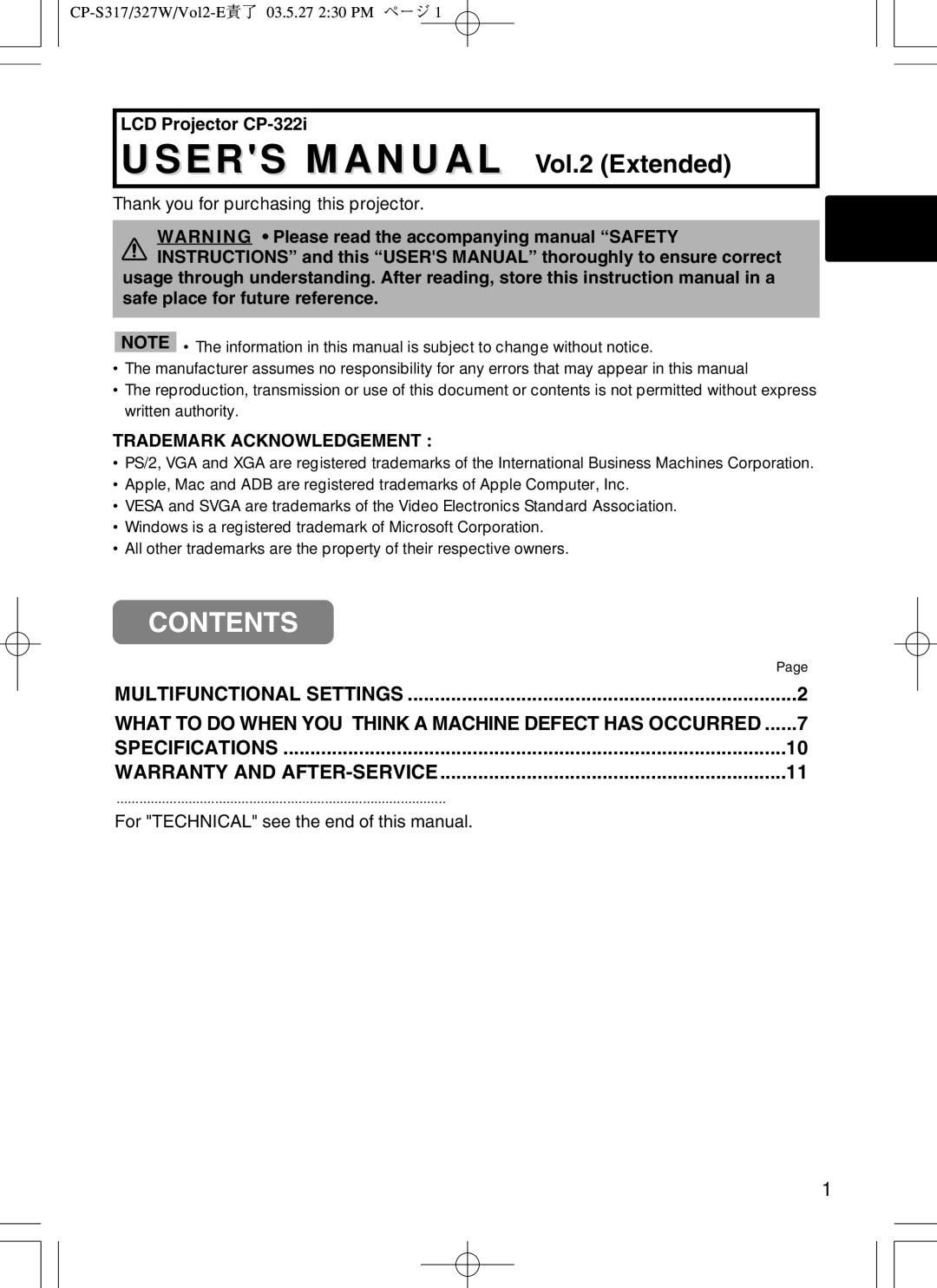 BOXLIGHT CP-322I user manual LCD Projector CP-322i, For Technical see the end of this manual 