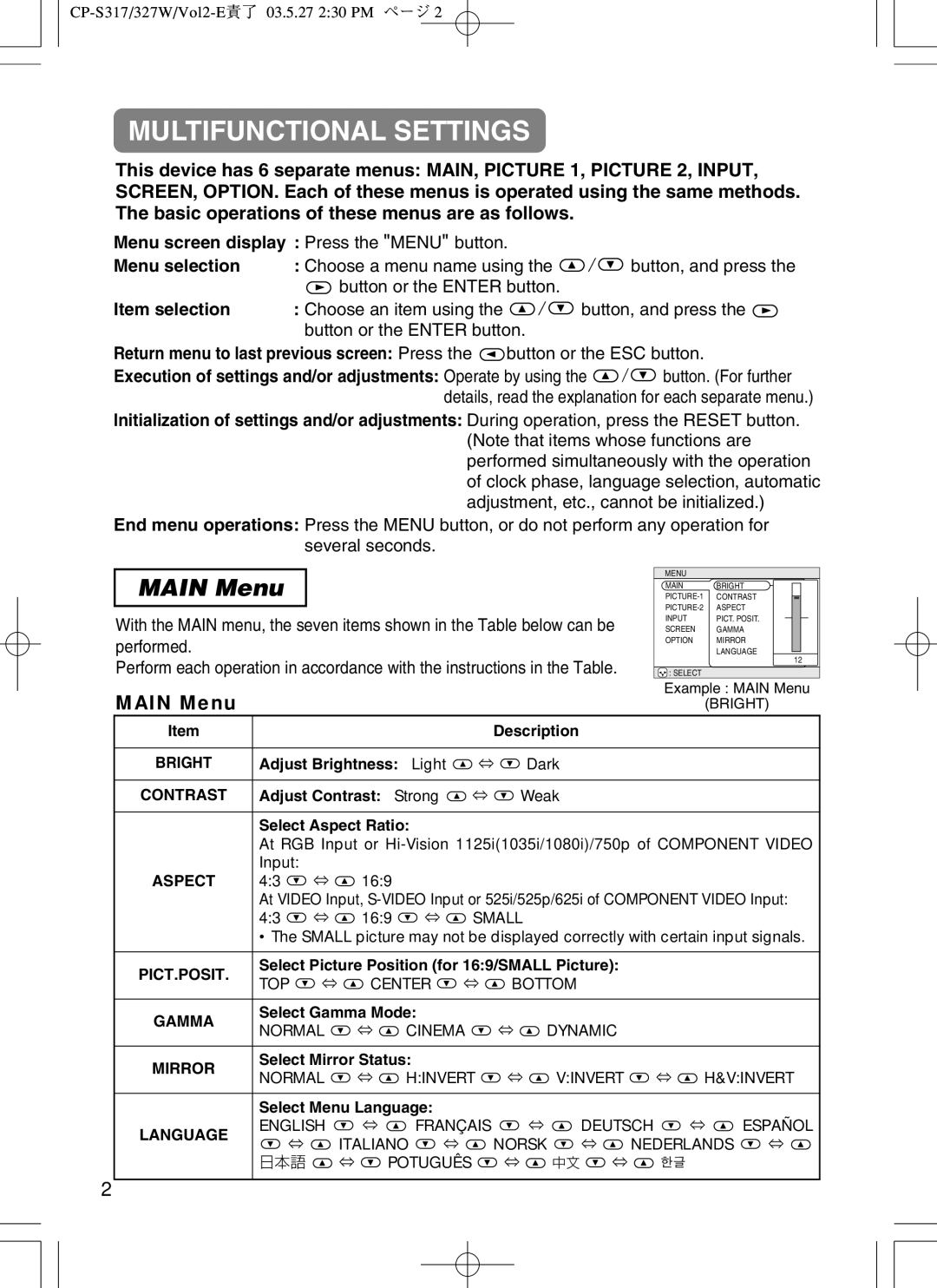 BOXLIGHT CP-322I user manual Multifunctional Settings, Main Menu 