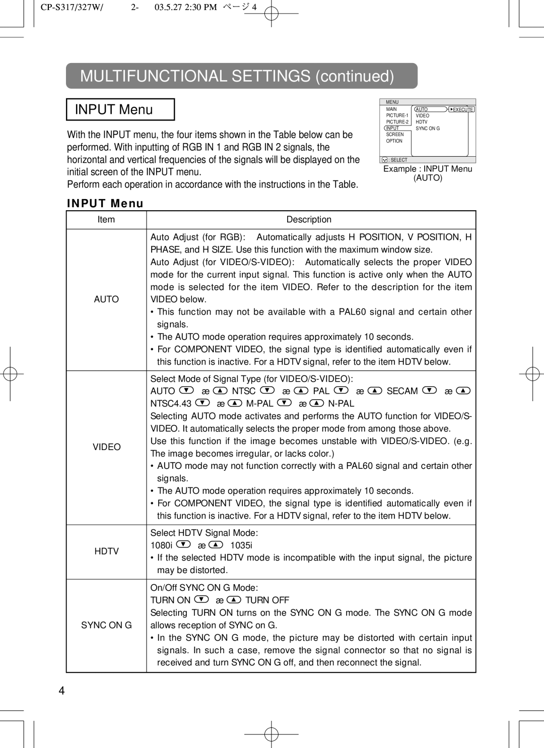 BOXLIGHT CP-322I user manual Input Menu, Auto, Video, Hdtv 