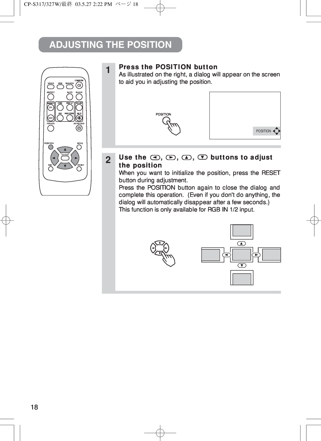 BOXLIGHT CP-322I user manual Adjusting The Position, Press the POSITION button, Use the, the position, buttons to adjust 