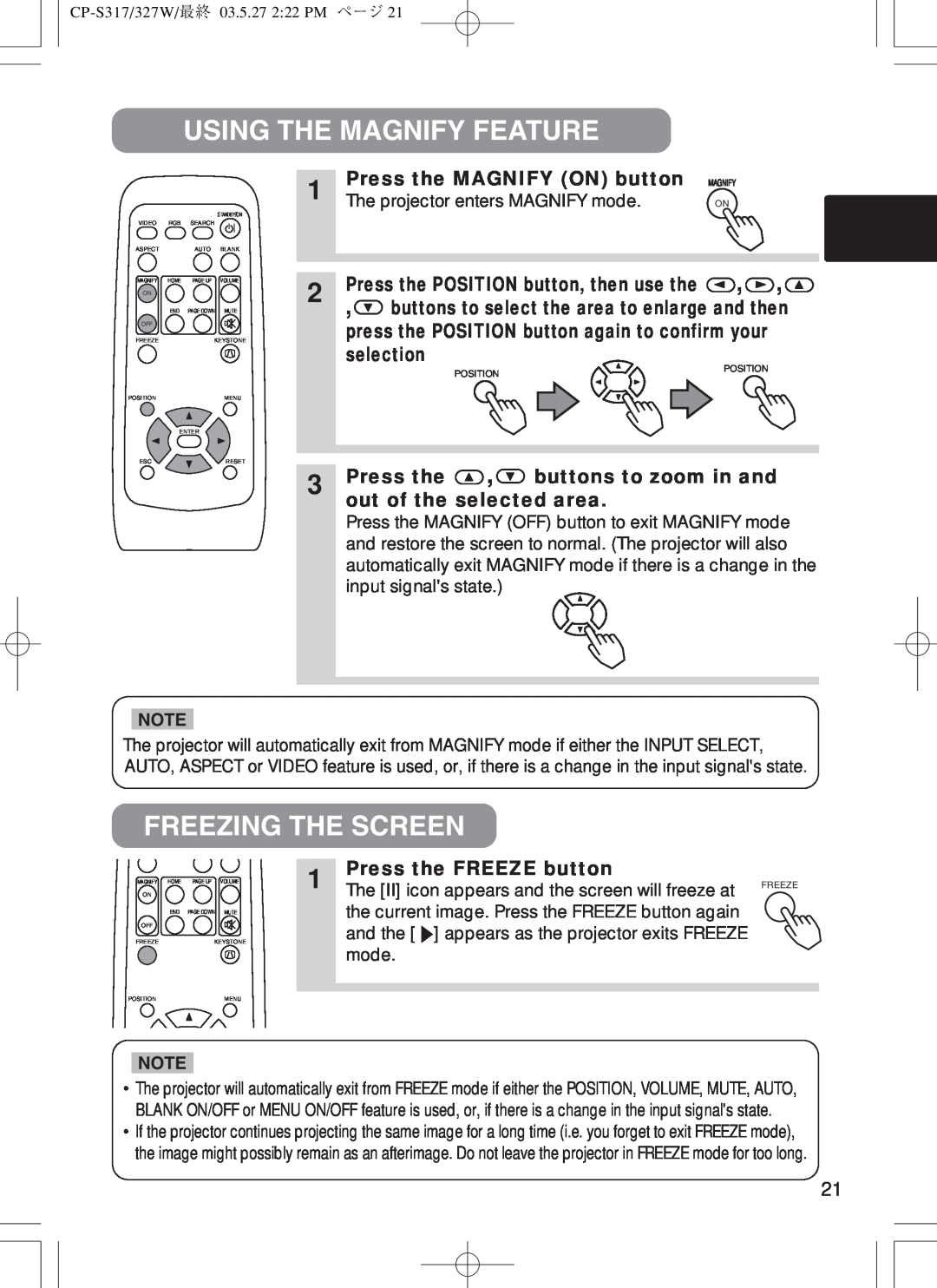 BOXLIGHT CP-322I user manual Using The Magnify Feature, Freezing The Screen, Press the MAGNIFY ON button, selection 