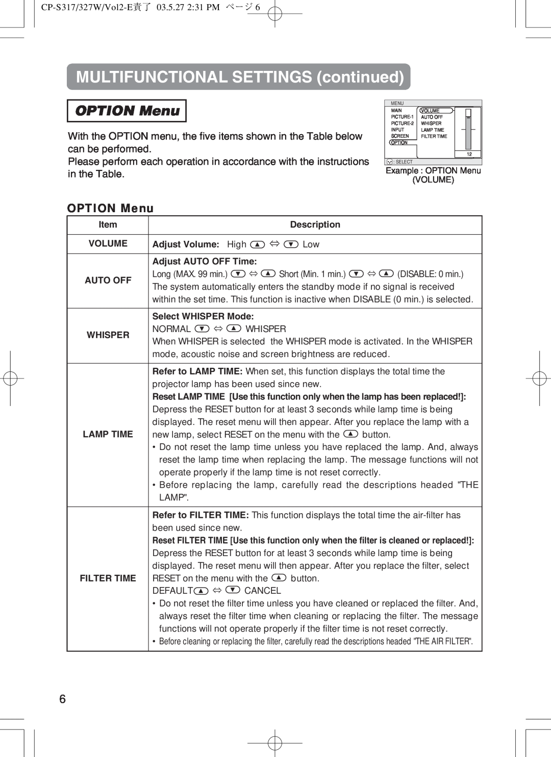 BOXLIGHT CP-322I user manual OPTION Menu, MULTIFUNCTIONAL SETTINGS continued 