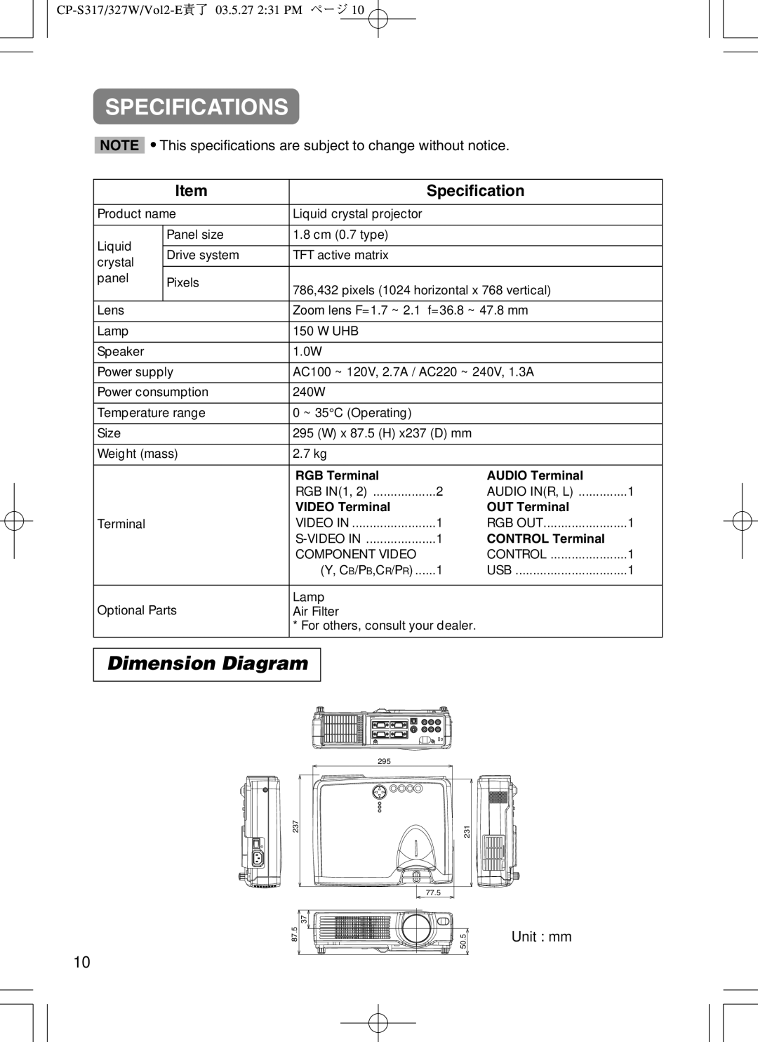 BOXLIGHT CP-322I user manual Specifications, Dimension Diagram 