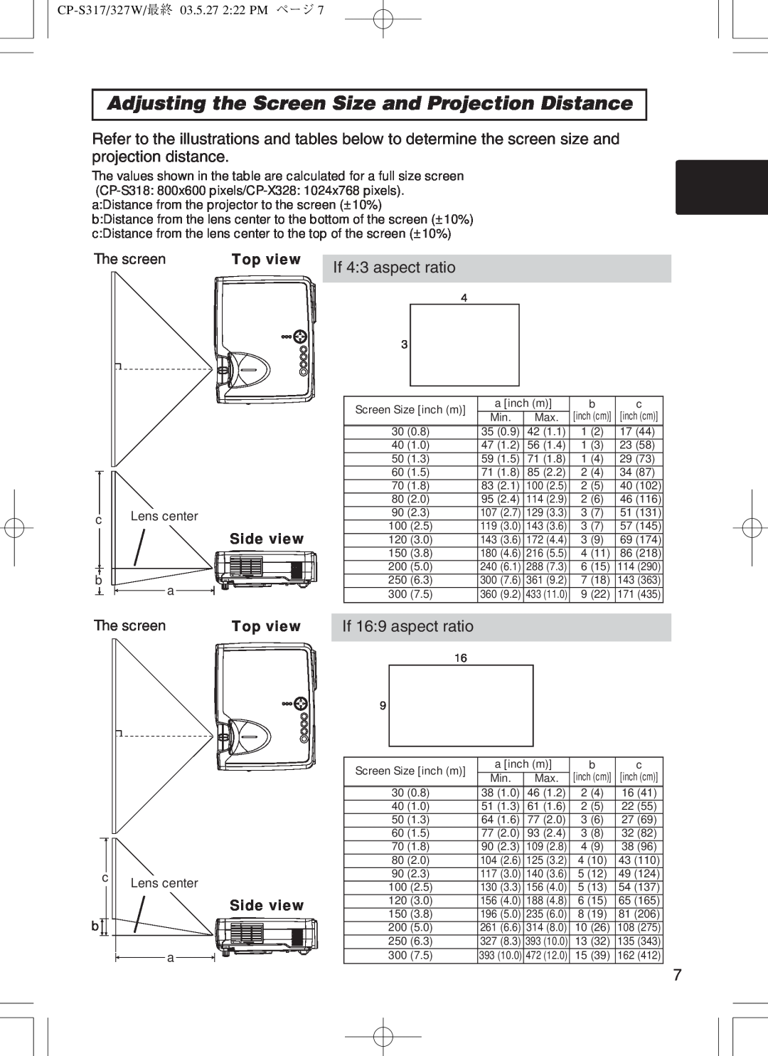 BOXLIGHT CP-322I user manual Adjusting the Screen Size and Projection Distance, If 43 aspect ratio, If 169 aspect ratio 