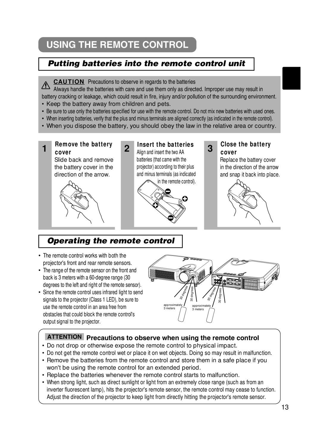 BOXLIGHT CP-322i/CP-634i user manual Using the Remote Control, Putting batteries into the remote control unit 