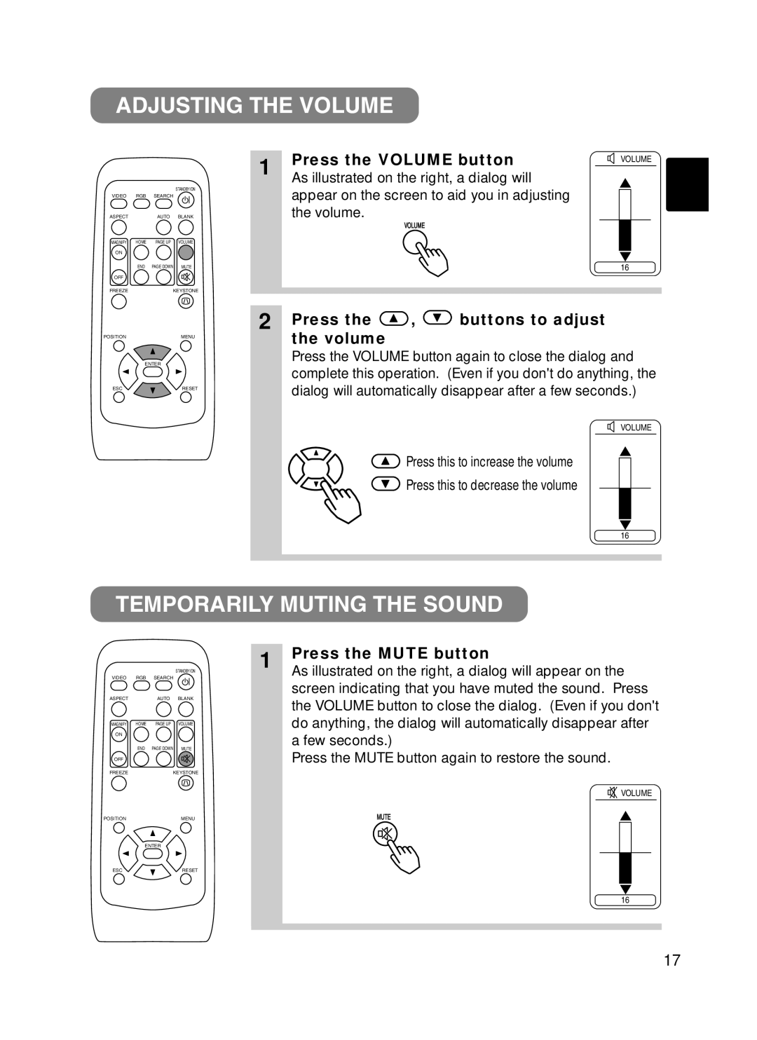 BOXLIGHT CP-322i/CP-634i user manual Adjusting the Volume, Temporarily Muting the Sound, Press the Volume button 