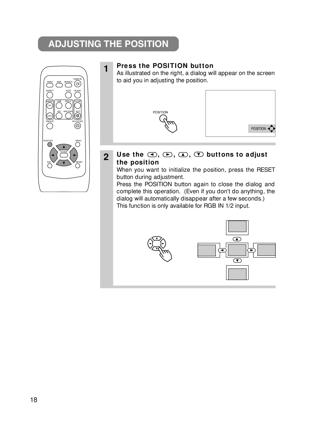 BOXLIGHT CP-322i/CP-634i user manual Adjusting the Position, Press the Position button, Use Buttons to adjust Position 