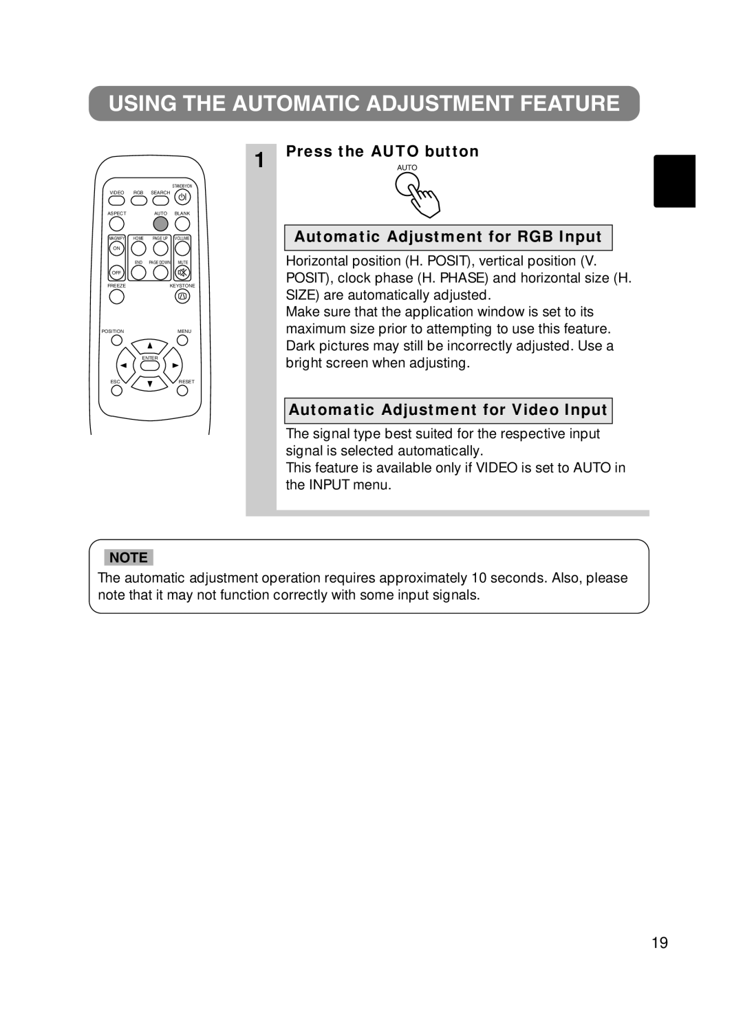 BOXLIGHT CP-322i/CP-634i Using the Automatic Adjustment Feature, Press the Auto button, Automatic Adjustment for RGB Input 