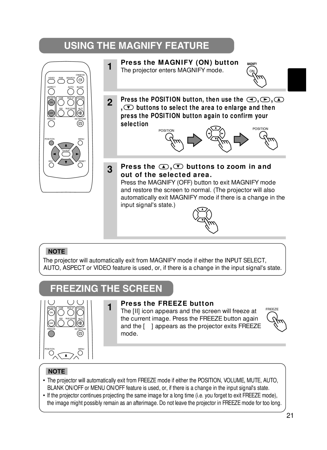 BOXLIGHT CP-322i/CP-634i user manual Using the Magnify Feature, Freezing the Screen 