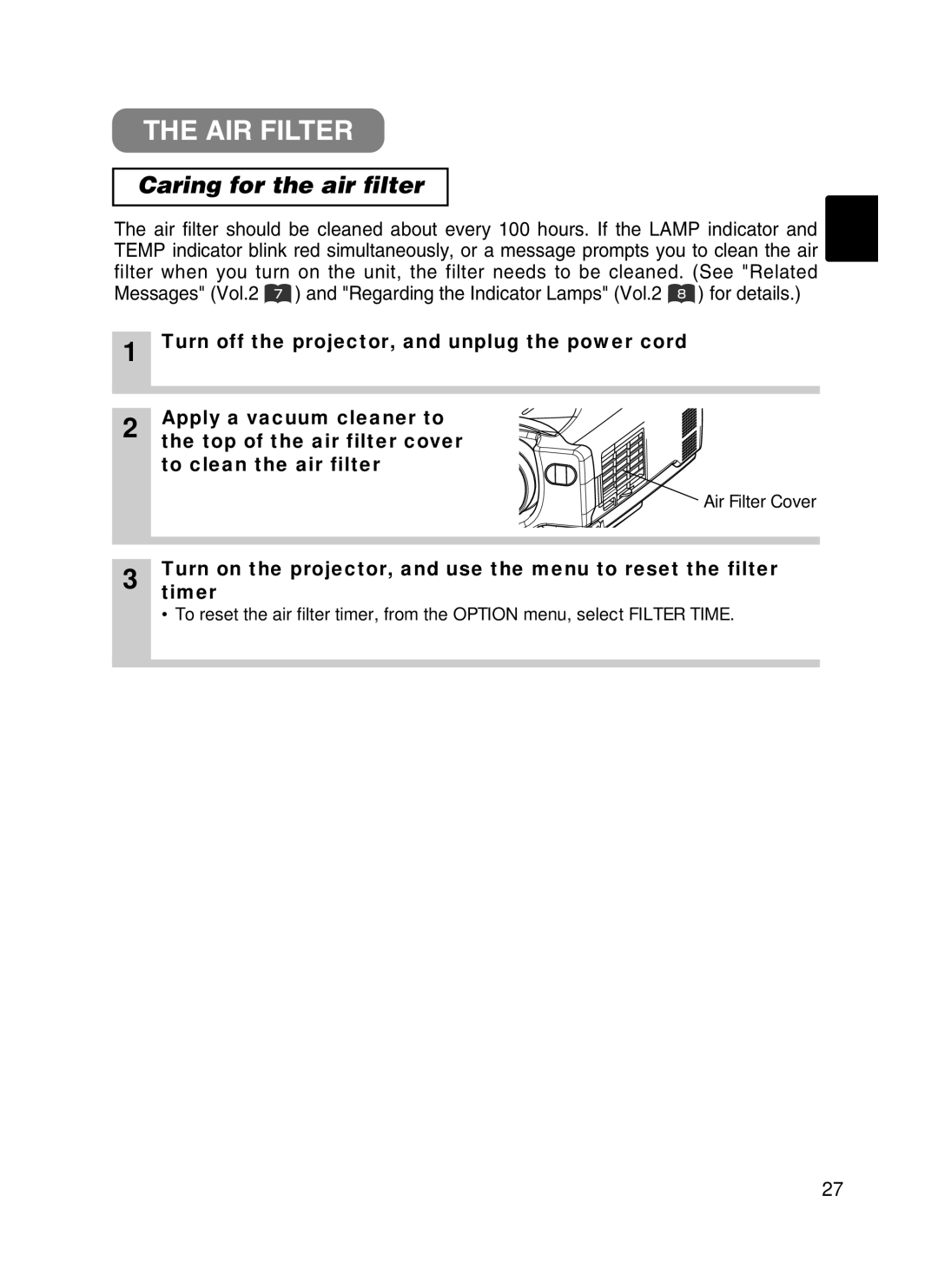 BOXLIGHT CP-322i/CP-634i user manual AIR Filter, Caring for the air filter 