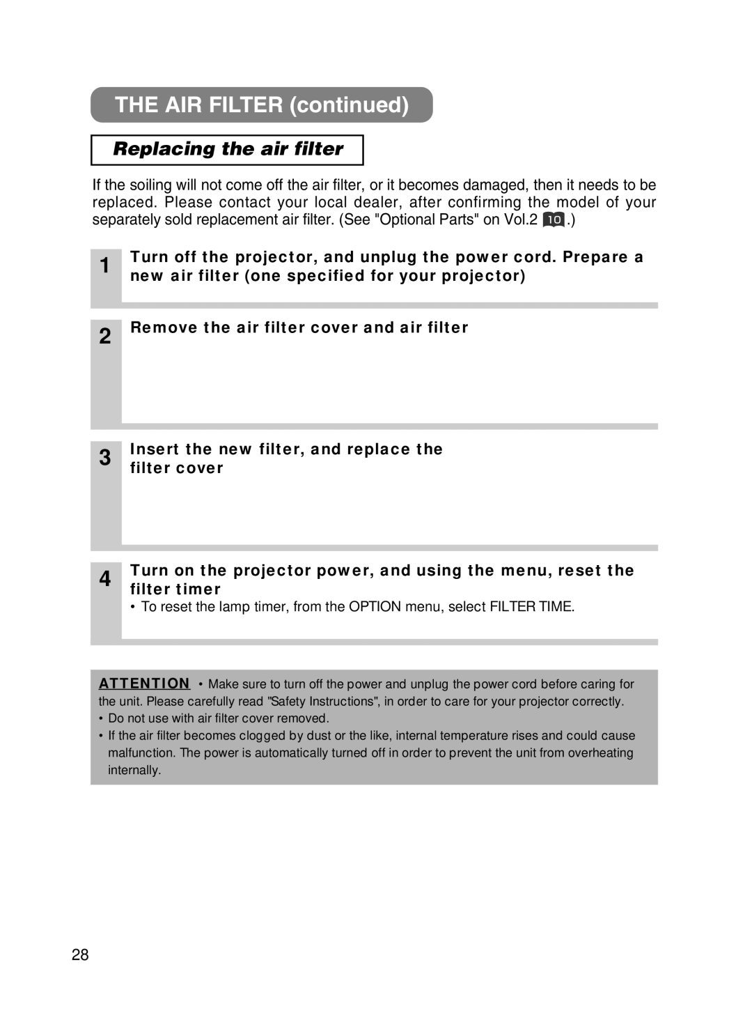 BOXLIGHT CP-322i/CP-634i user manual Replacing the air filter 