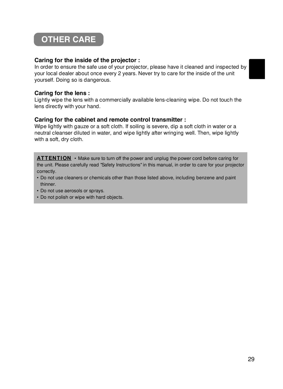 BOXLIGHT CP-322i/CP-634i user manual Other Care, Caring for the inside of the projector, Caring for the lens 