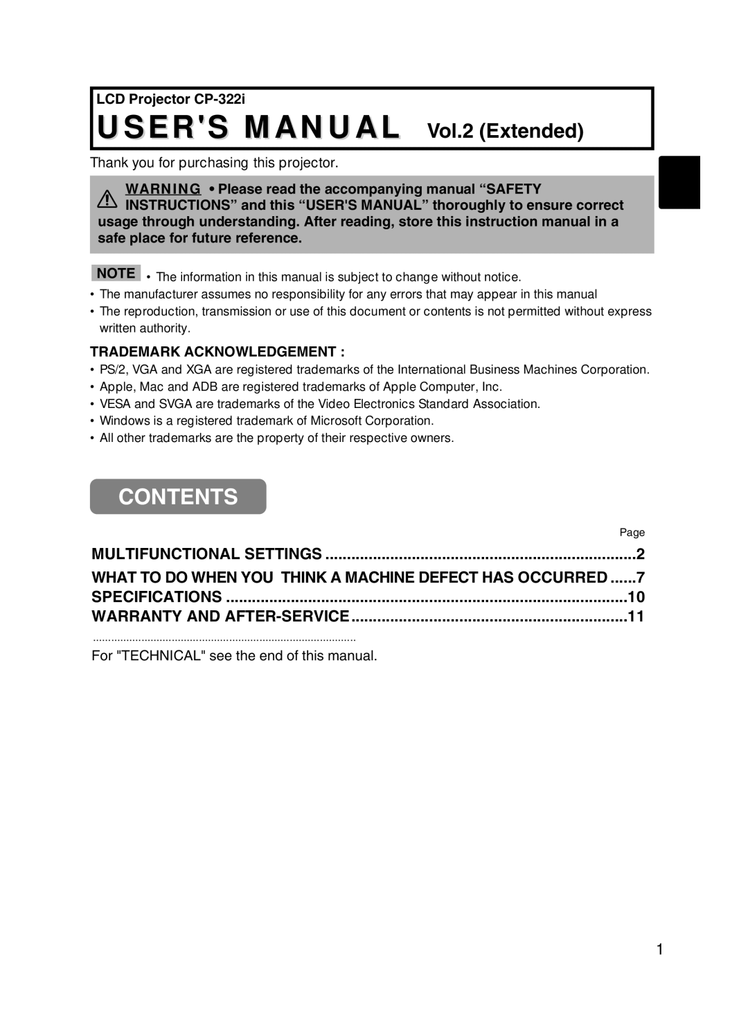 BOXLIGHT CP-322i/CP-634i user manual LCD Projector CP-322i, For Technical see the end of this manual 