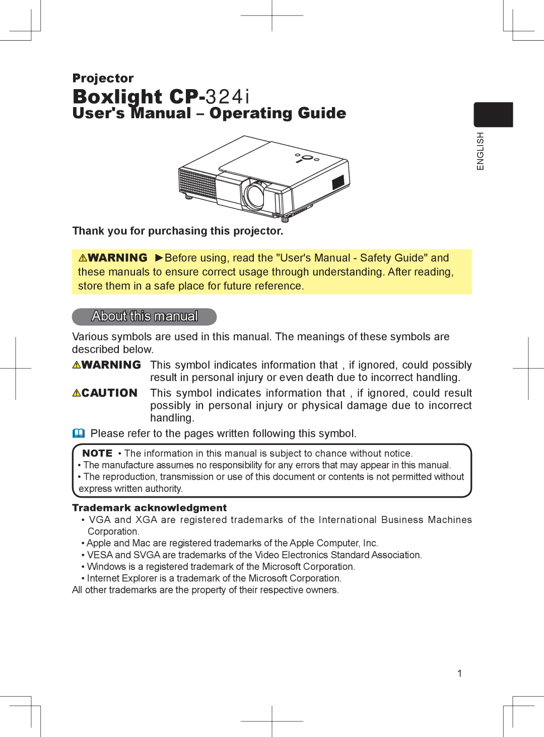 BOXLIGHT CP-324i user manual About this manual, Thank you for purchasing this projector, Trademark acknowledgment 