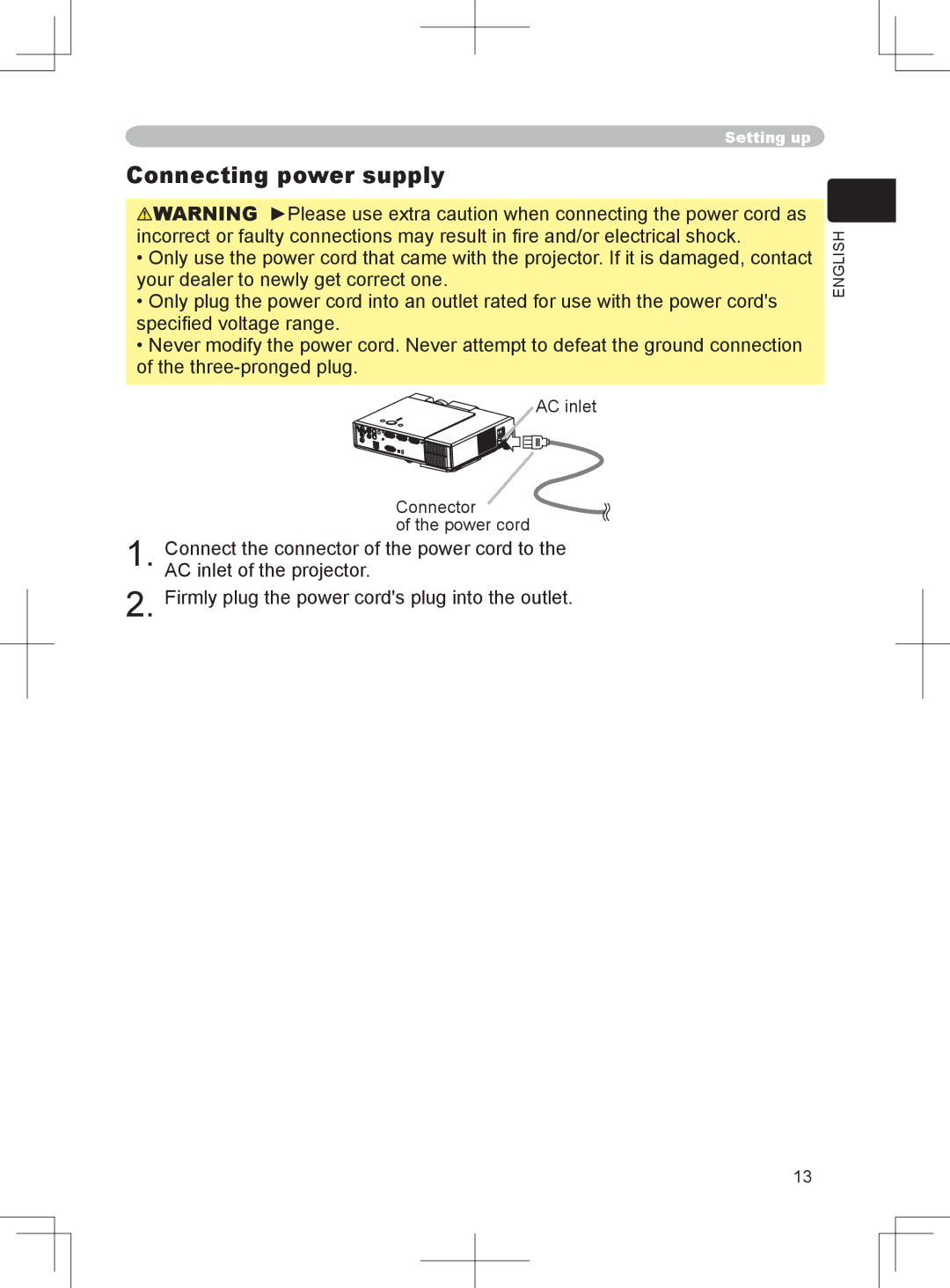 BOXLIGHT CP-324i user manual Connecting power supply, AC inlet Connector of the power cord 