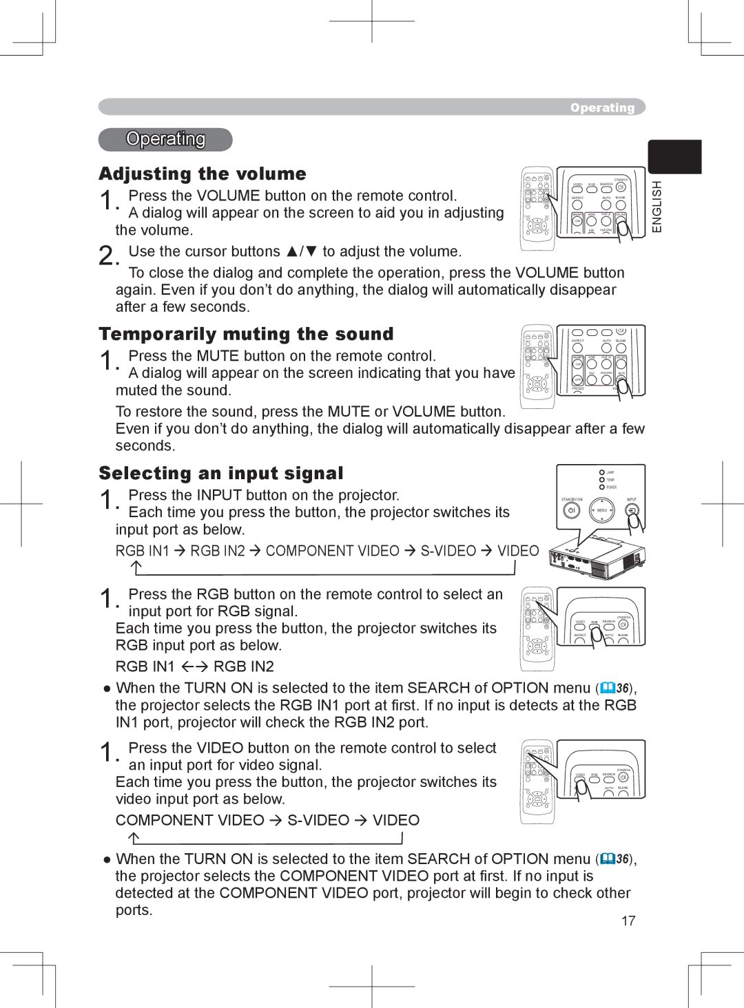 BOXLIGHT CP-324i Operating, Adjusting the volume, Temporarily muting the sound, Selecting an input signal, 36, other 