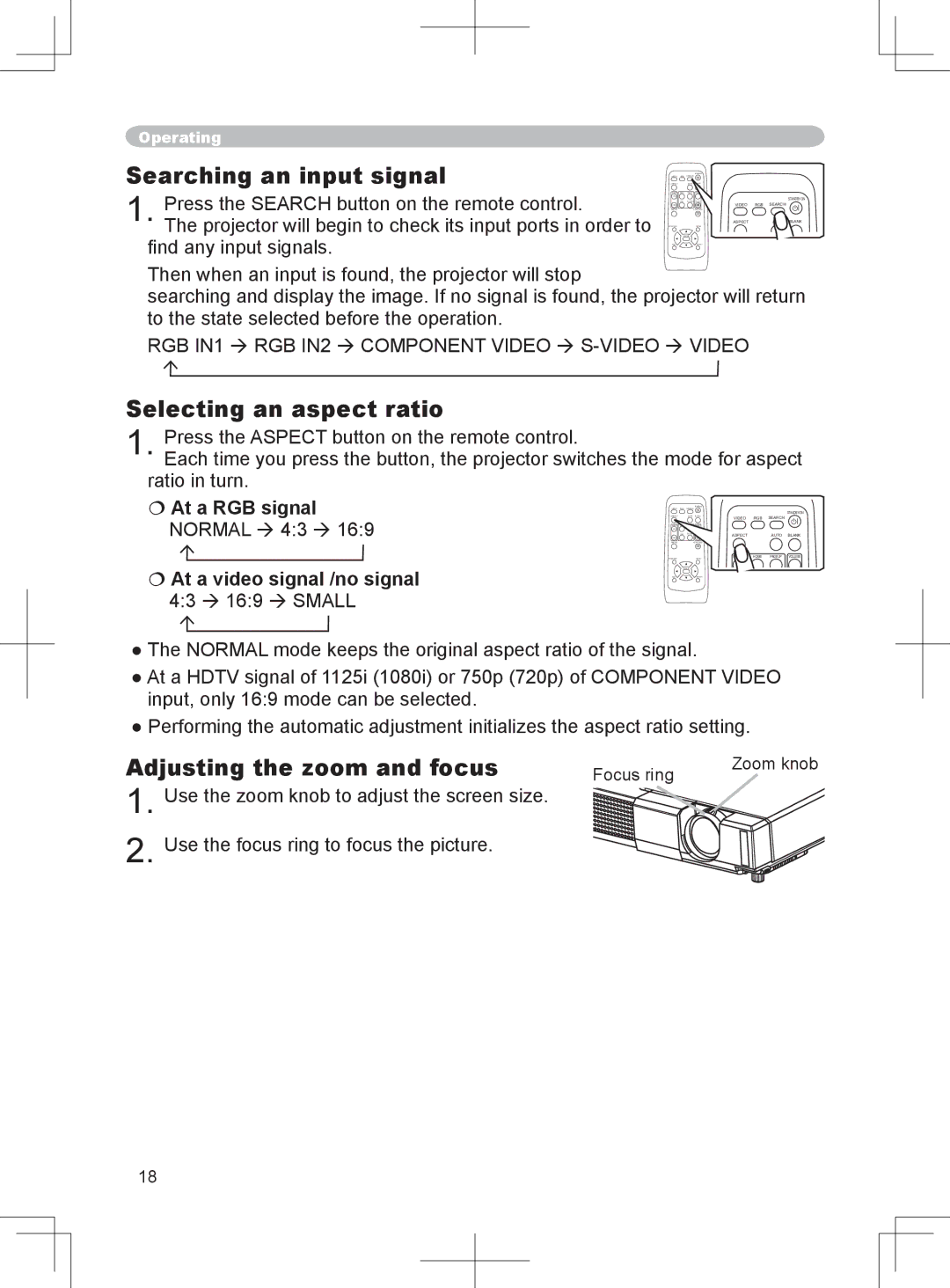 BOXLIGHT CP-324i user manual Searching an input signal, Selecting an aspect ratio, Adjusting the zoom and focus 