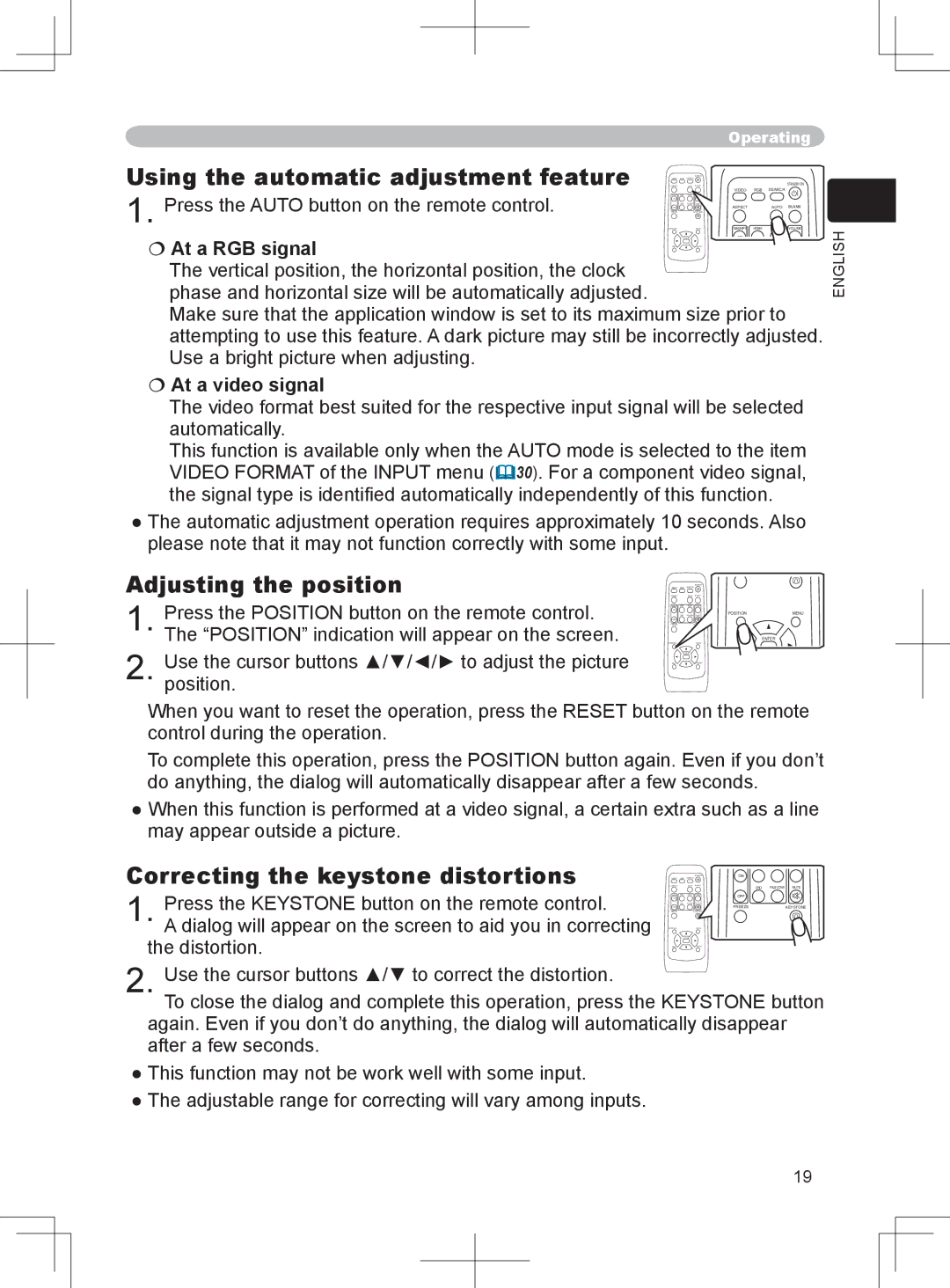 BOXLIGHT CP-324i Using the automatic adjustment feature, Adjusting the position, Correcting the keystone distortions 