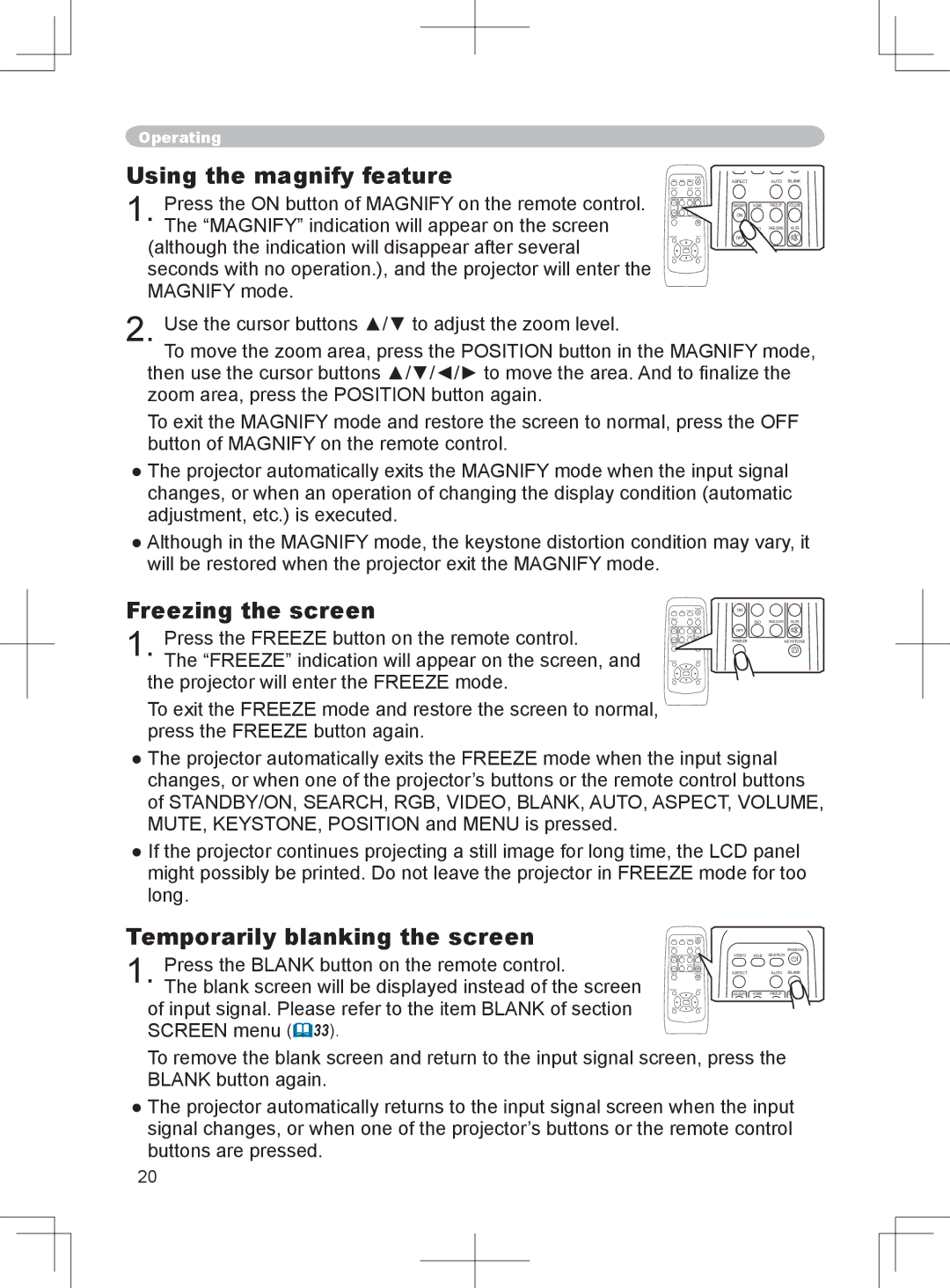 BOXLIGHT CP-324i user manual Using the magnify feature, Freezing the screen, Temporarily blanking the screen 