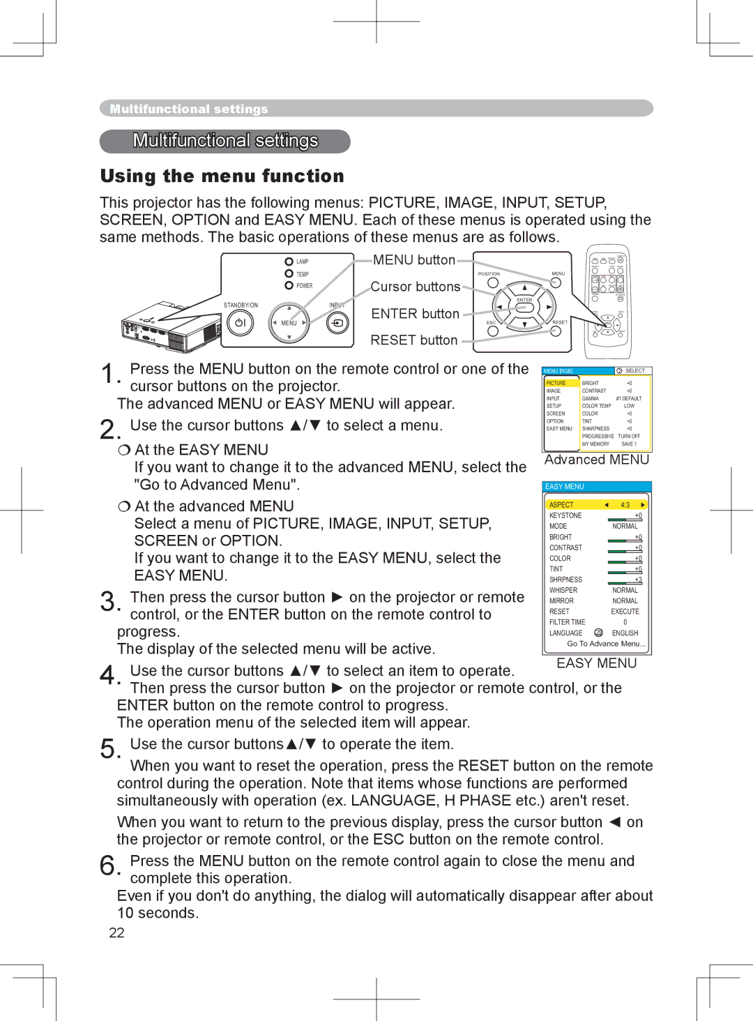 BOXLIGHT CP-324i user manual Multifunctional settings, Using the menu function 