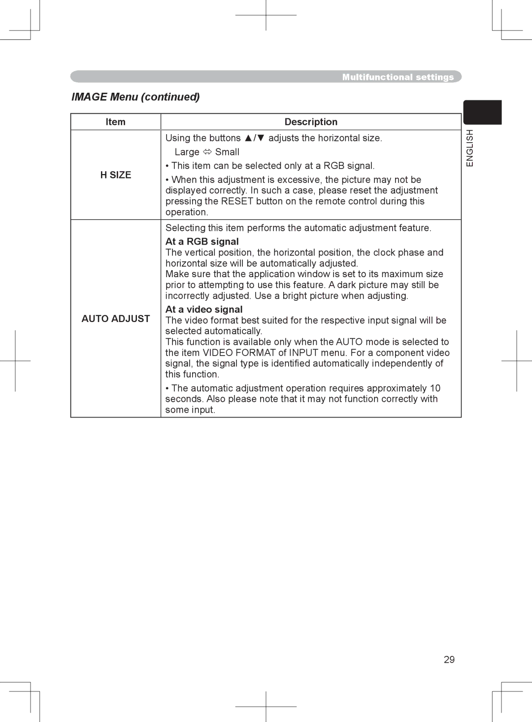 BOXLIGHT CP-324i user manual Image Menu, Size, Auto Adjust, At a video signal 