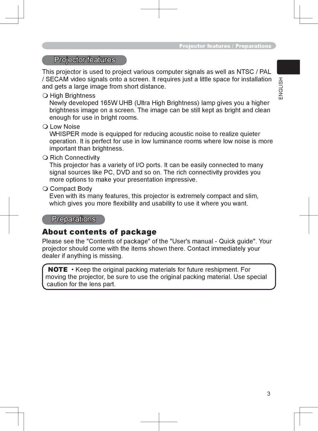 BOXLIGHT CP-324i user manual Projector features, Preparations, About contents of package 