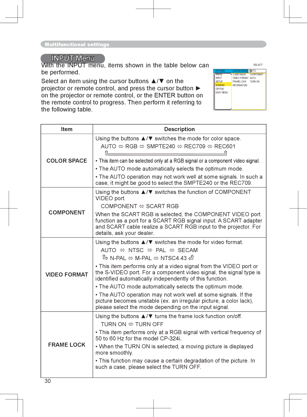 BOXLIGHT CP-324i user manual Input Menu, Component  Scart RGB, Auto  Ntsc  PAL  Secam, Video Format, Turn on  Turn OFF 