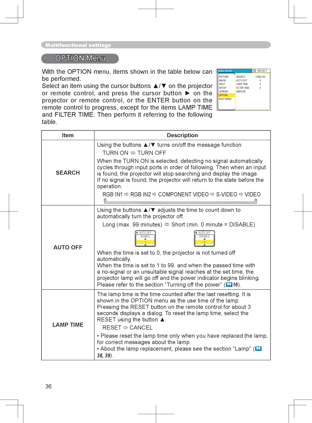 BOXLIGHT CP-324i user manual Option Menu, Search, Auto OFF, Lamp Time, Reset  Cancel 