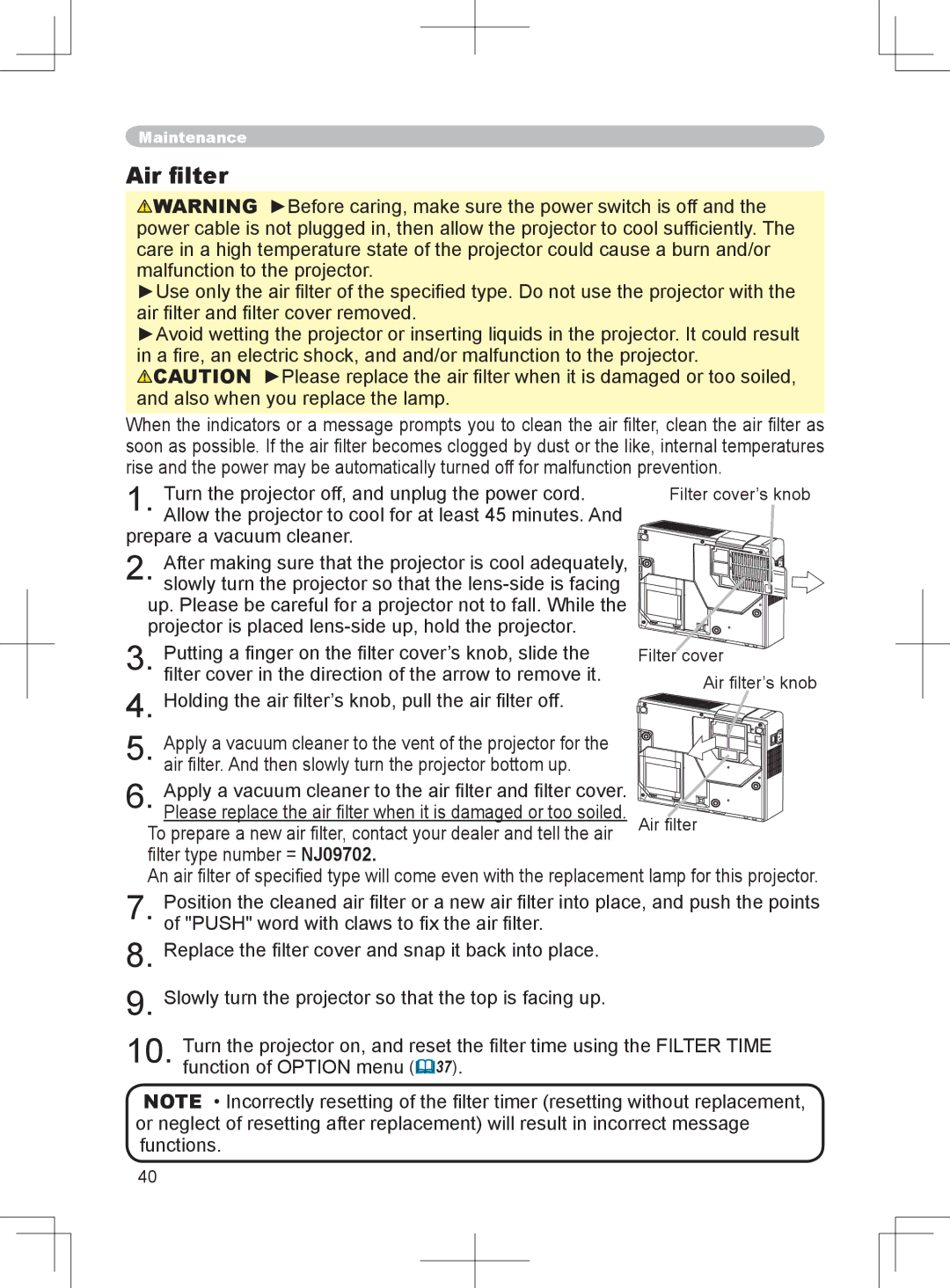 BOXLIGHT CP-324i user manual Air ﬁlter, Apply a vacuum cleaner to the air ﬁlter and ﬁlter cover 