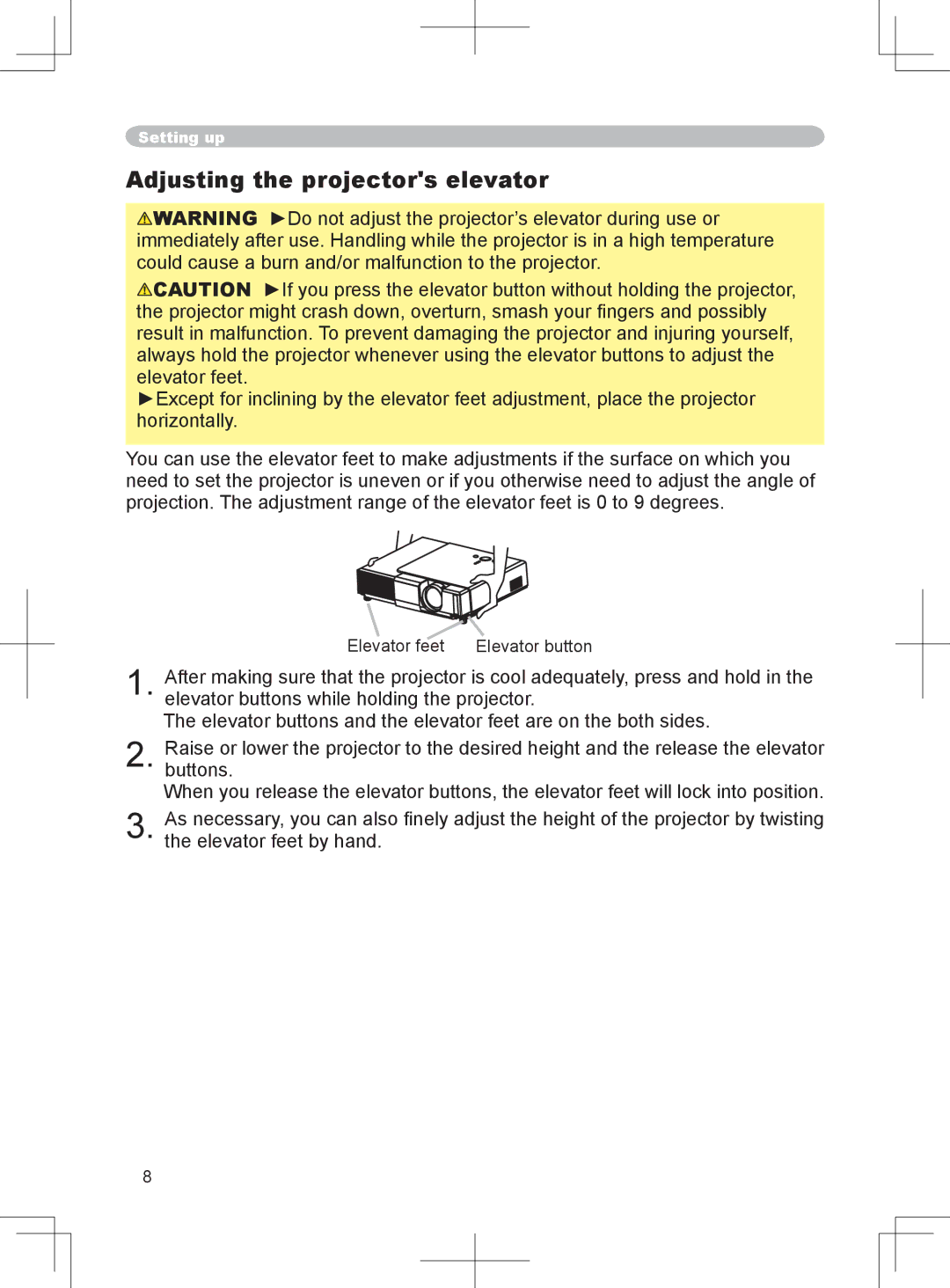 BOXLIGHT CP-324i user manual Adjusting the projectors elevator, Elevator feet Elevator button 