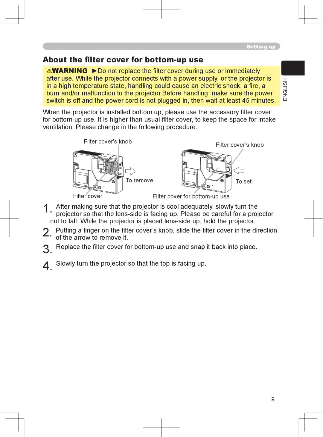 BOXLIGHT CP-324i user manual About the ﬁlter cover for bottom-up use, Filter cover’s knob, Filter cover To remove 