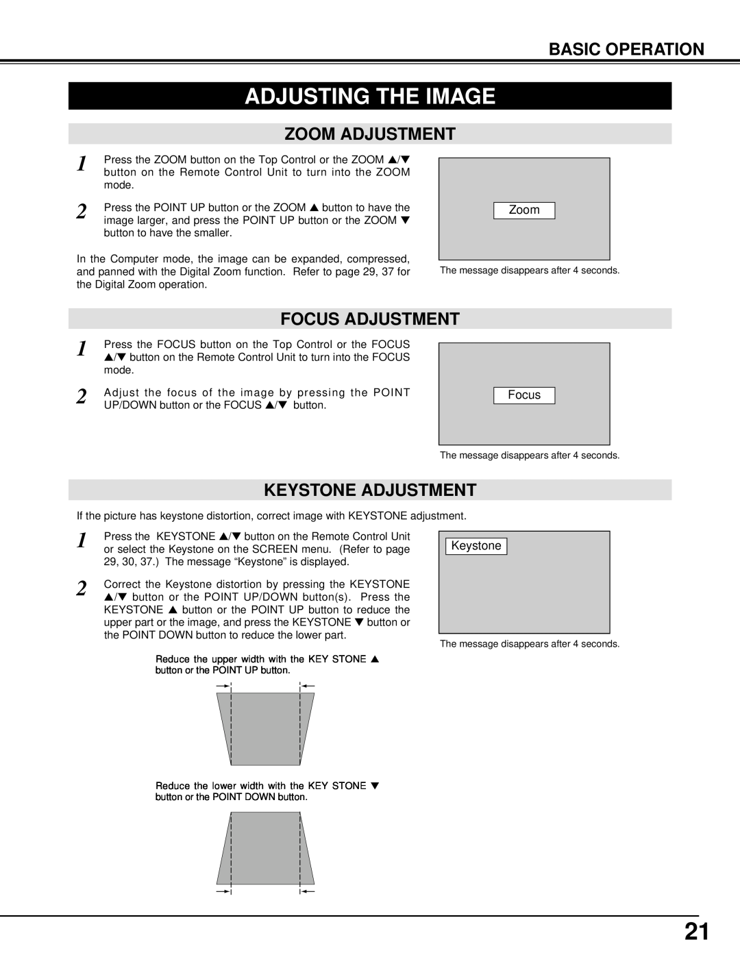 BOXLIGHT CP-33t manual Adjusting The Image, Zoom Adjustment, Focus Adjustment, Keystone Adjustment, Basic Operation 