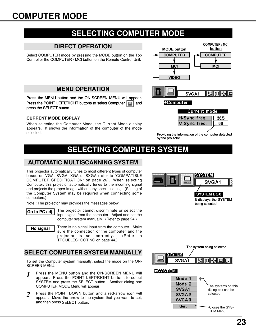 BOXLIGHT CP-33t Selecting Computer Mode, Selecting Computer System, Direct Operation, Menu Operation, Go to PC adj 