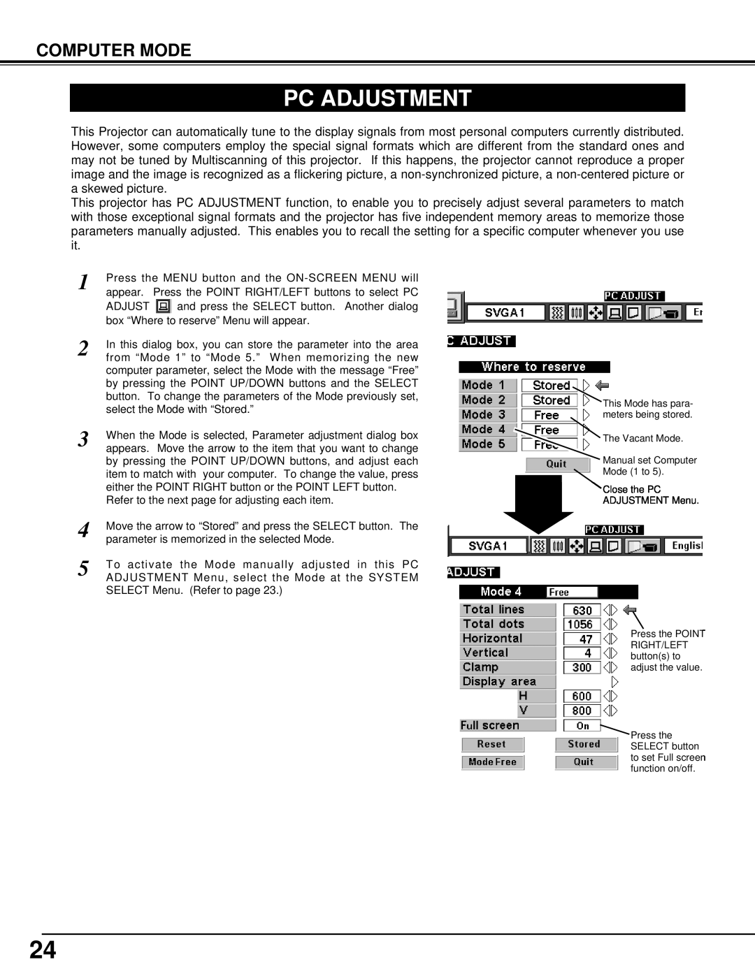 BOXLIGHT CP-33t manual Pc Adjustment, Computer Mode 