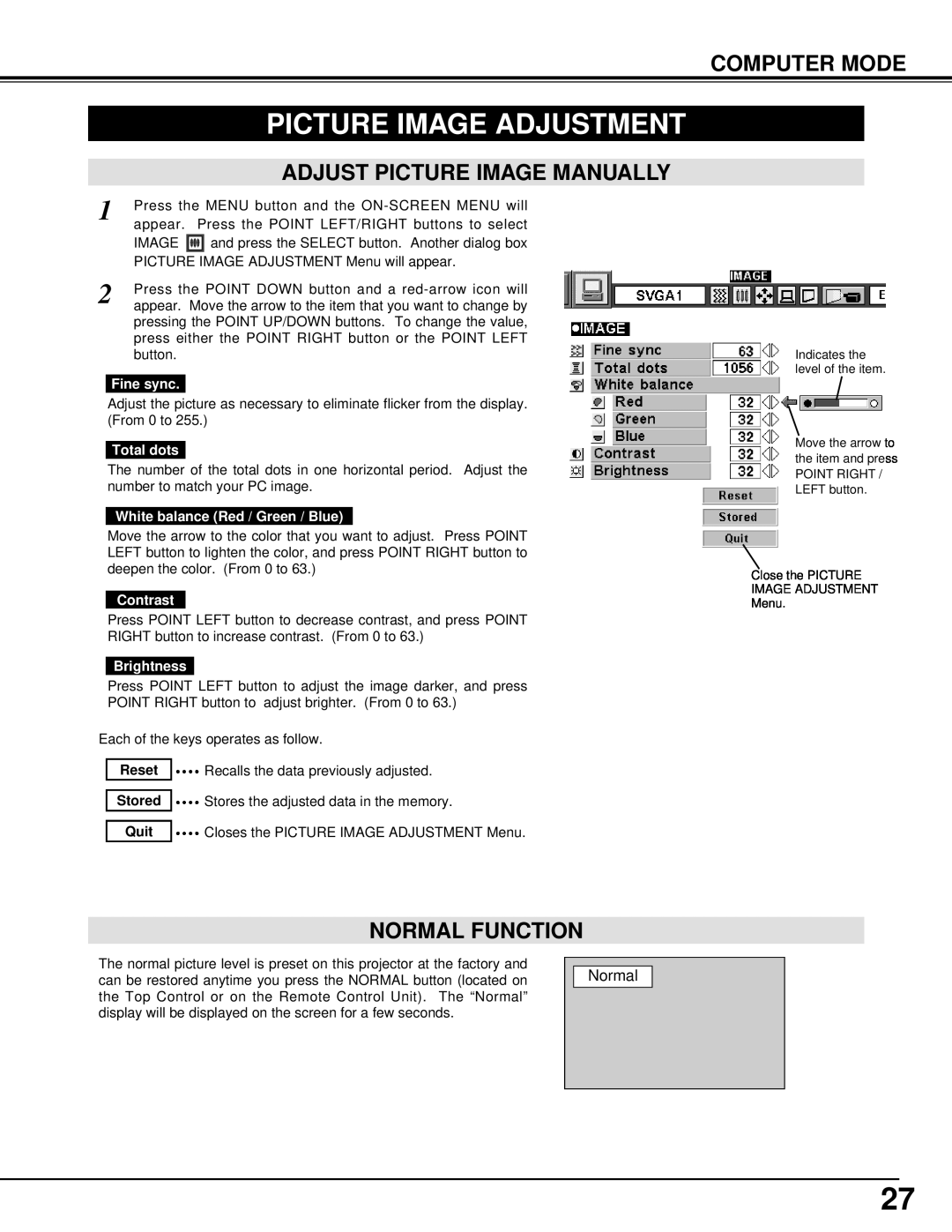 BOXLIGHT CP-33t manual Picture Image Adjustment, Adjust Picture Image Manually, Normal Function, Computer Mode, Fine sync 