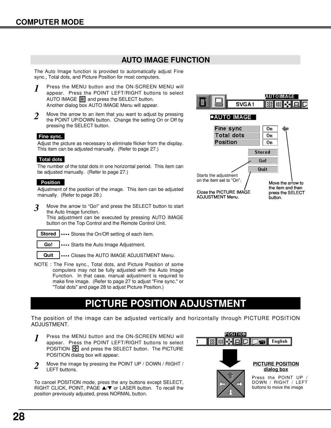 BOXLIGHT CP-33t manual Picture Position Adjustment, Computer Mode Auto Image Function, Fine sync, Total dots, Quit 