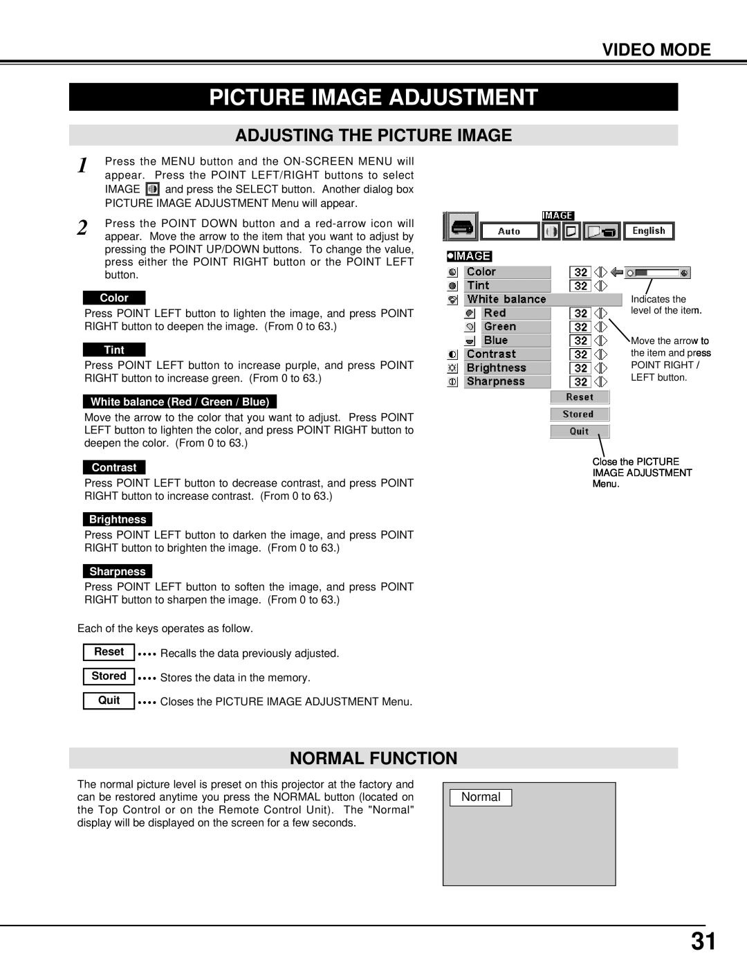 BOXLIGHT CP-33t Adjusting The Picture Image, Picture Image Adjustment, Video Mode, Normal Function, Color, Tint, Contrast 