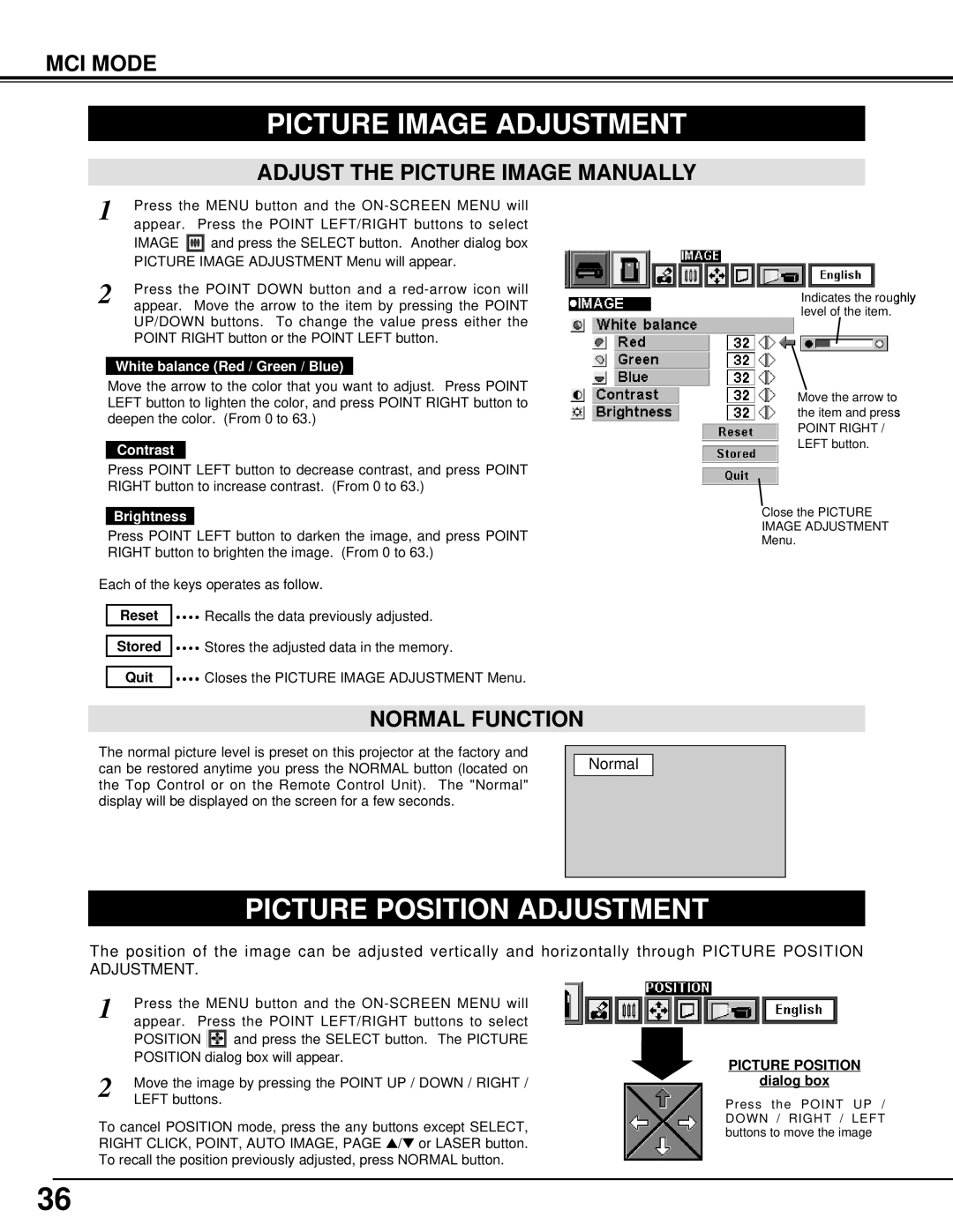 BOXLIGHT CP-33t Picture Image Adjustment, Adjust The Picture Image Manually, Picture Position Adjustment, Mci Mode, Normal 