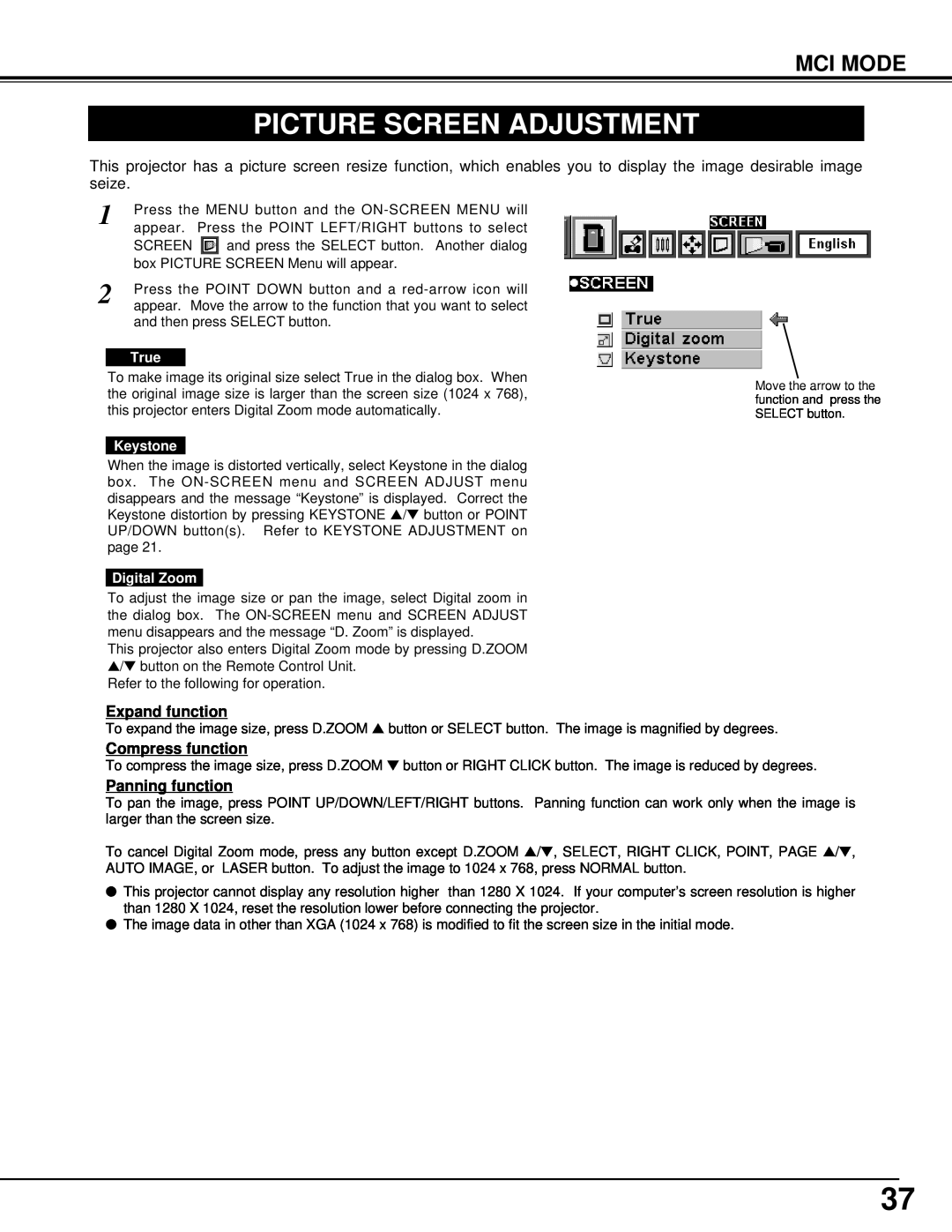 BOXLIGHT CP-33t manual Picture Screen Adjustment, Mci Mode, True, Keystone, Digital Zoom 