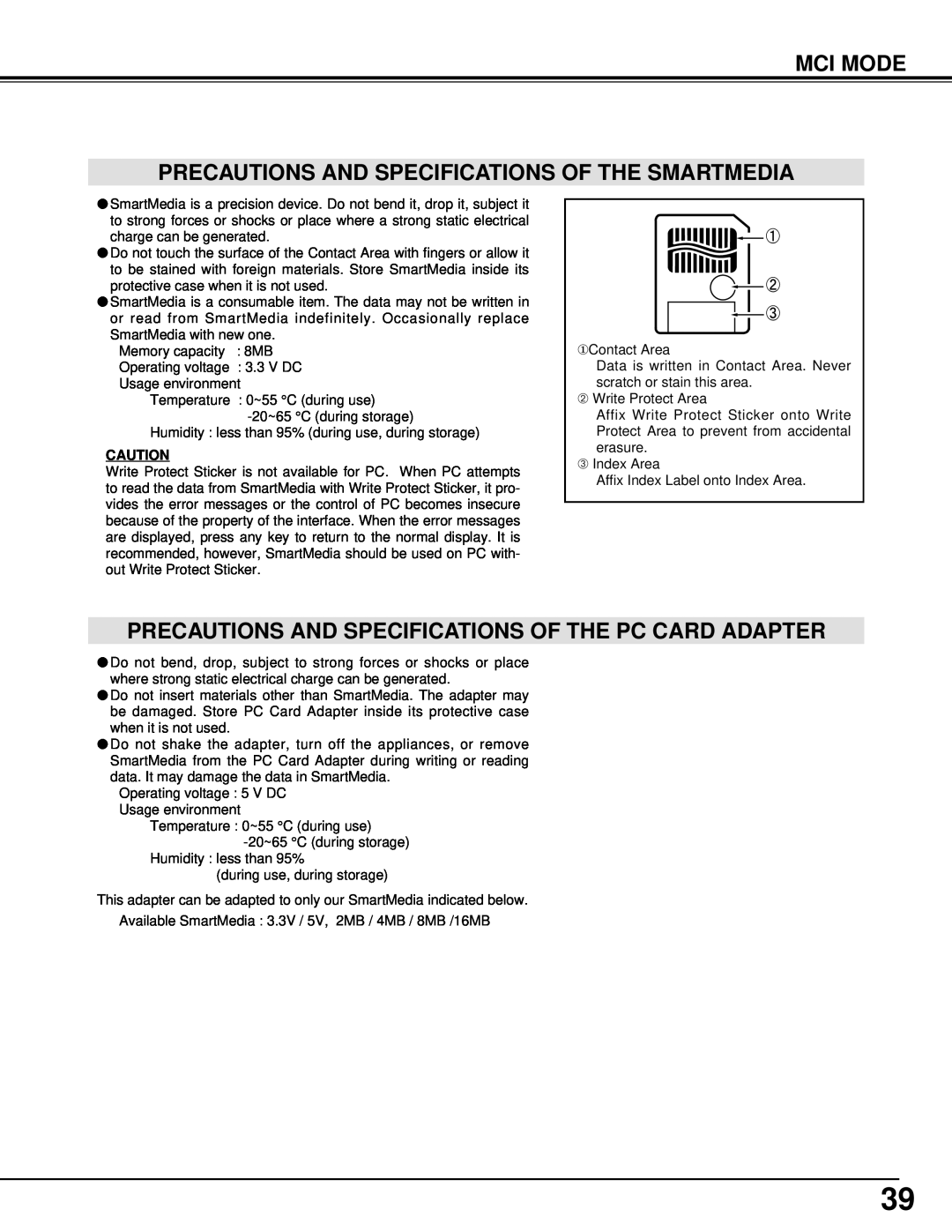 BOXLIGHT CP-33t manual Mci Mode Precautions And Specifications Of The Smartmedia 