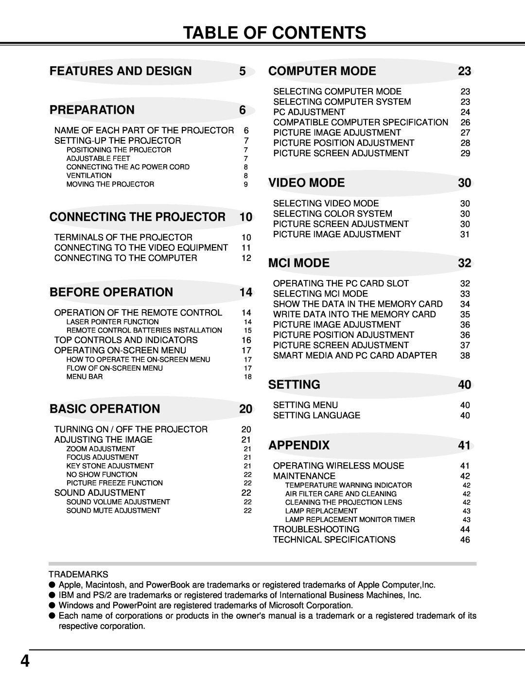 BOXLIGHT CP-33t Table Of Contents, Features And Design, Computer Mode, Preparation, Before Operation, Basic Operation 