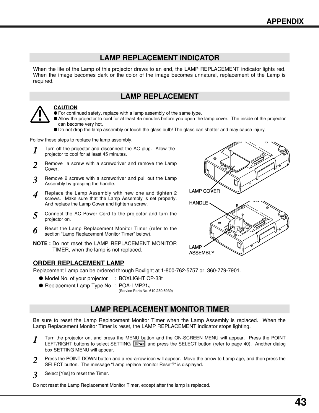 BOXLIGHT CP-33t manual Appendix Lamp Replacement Indicator, Lamp Replacement Monitor Timer, Order Replacement Lamp 