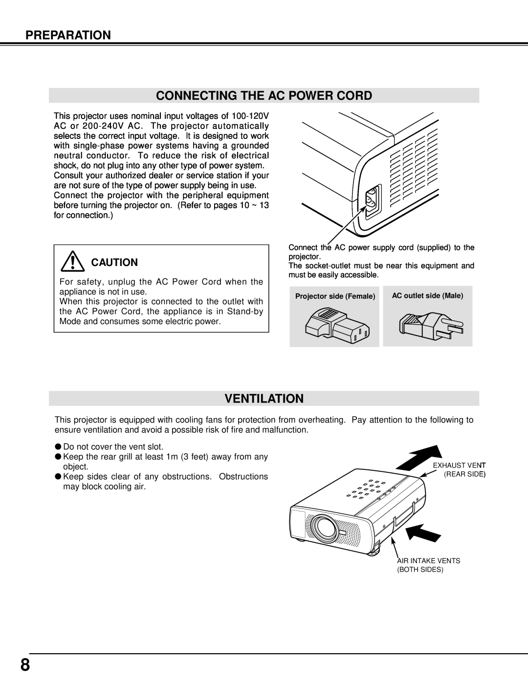 BOXLIGHT CP-33t manual Preparation Connecting The Ac Power Cord, Ventilation 