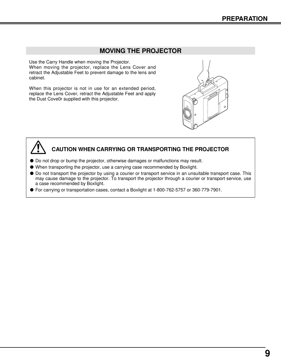 BOXLIGHT CP-33t manual Preparation Moving The Projector, Caution When Carrying Or Transporting The Projector 