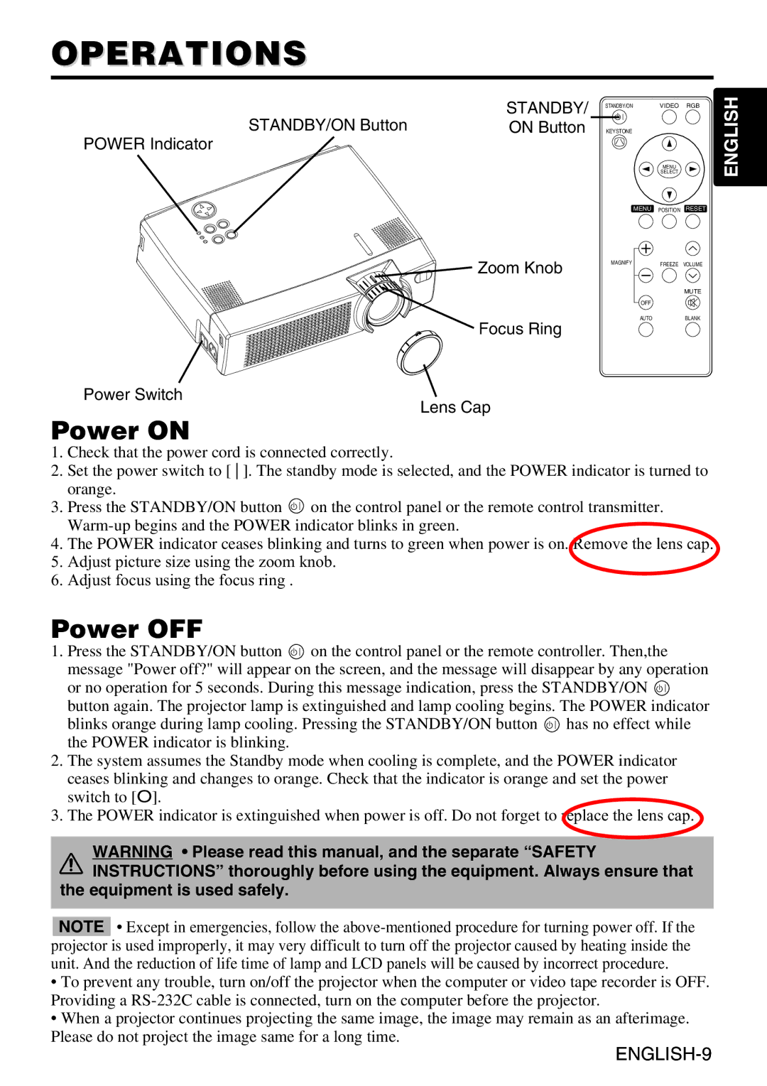 BOXLIGHT CP-635i user manual Operations, Power on, Power OFF, Standby, Equipment is used safely 